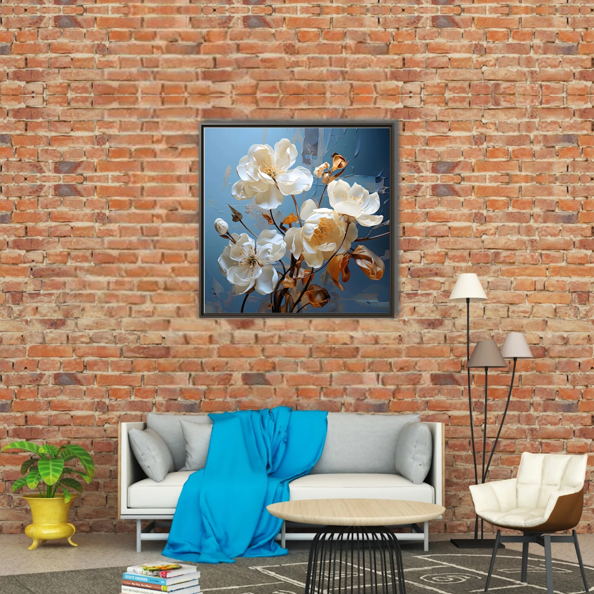 White floral artwork with gold accents on cool blue-gray textured background