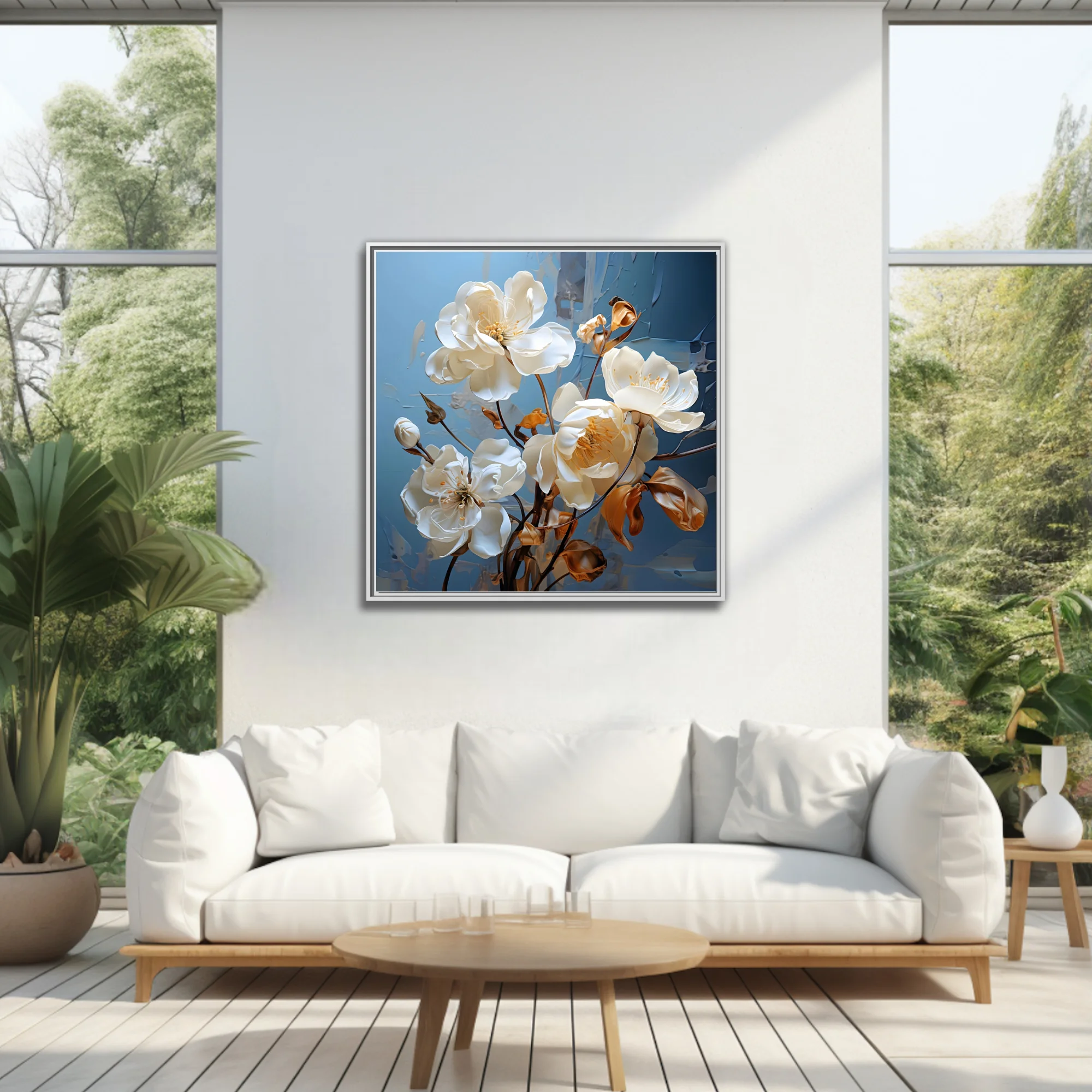 White floral artwork with gold accents on cool blue-gray textured background