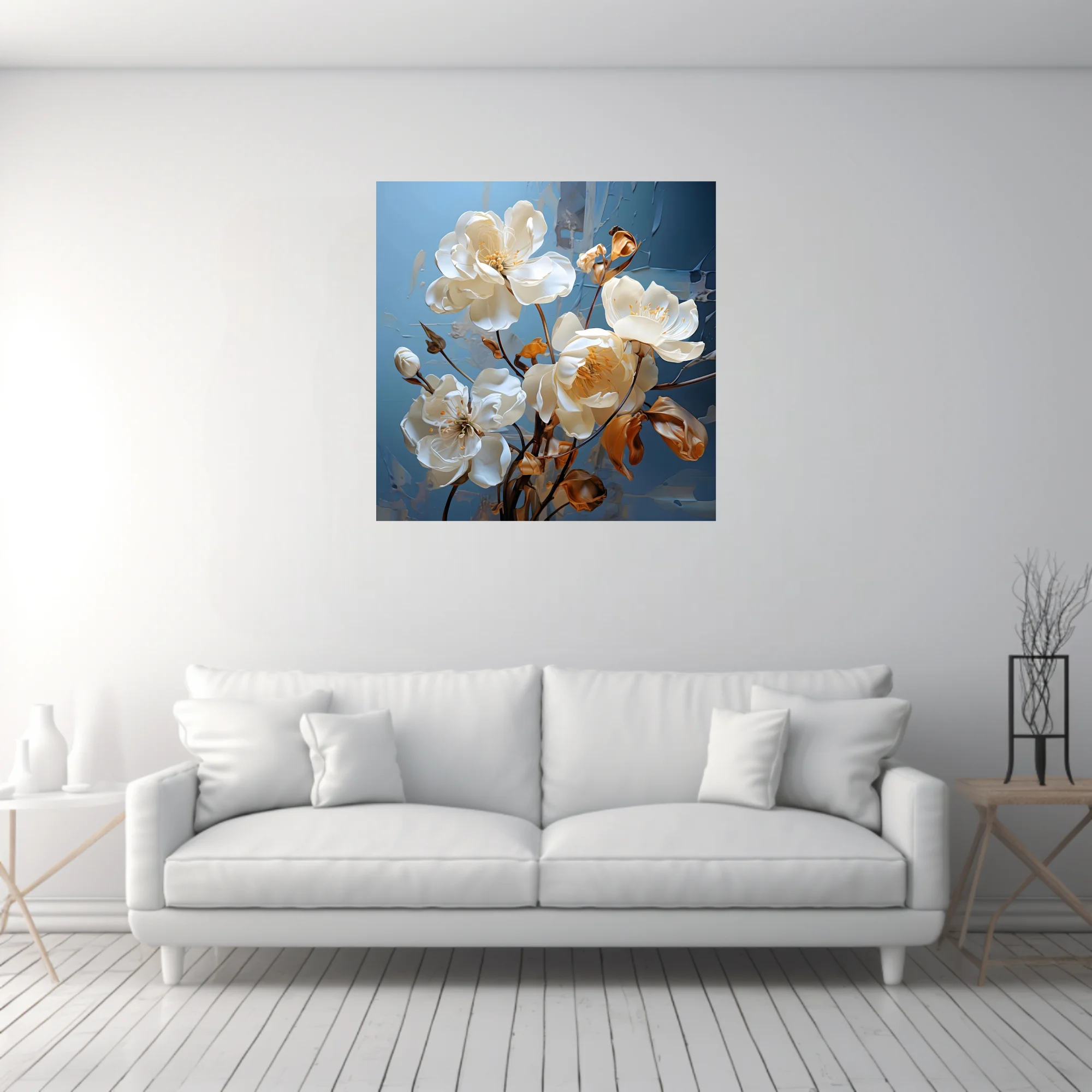 White floral artwork with gold accents on cool blue-gray textured background