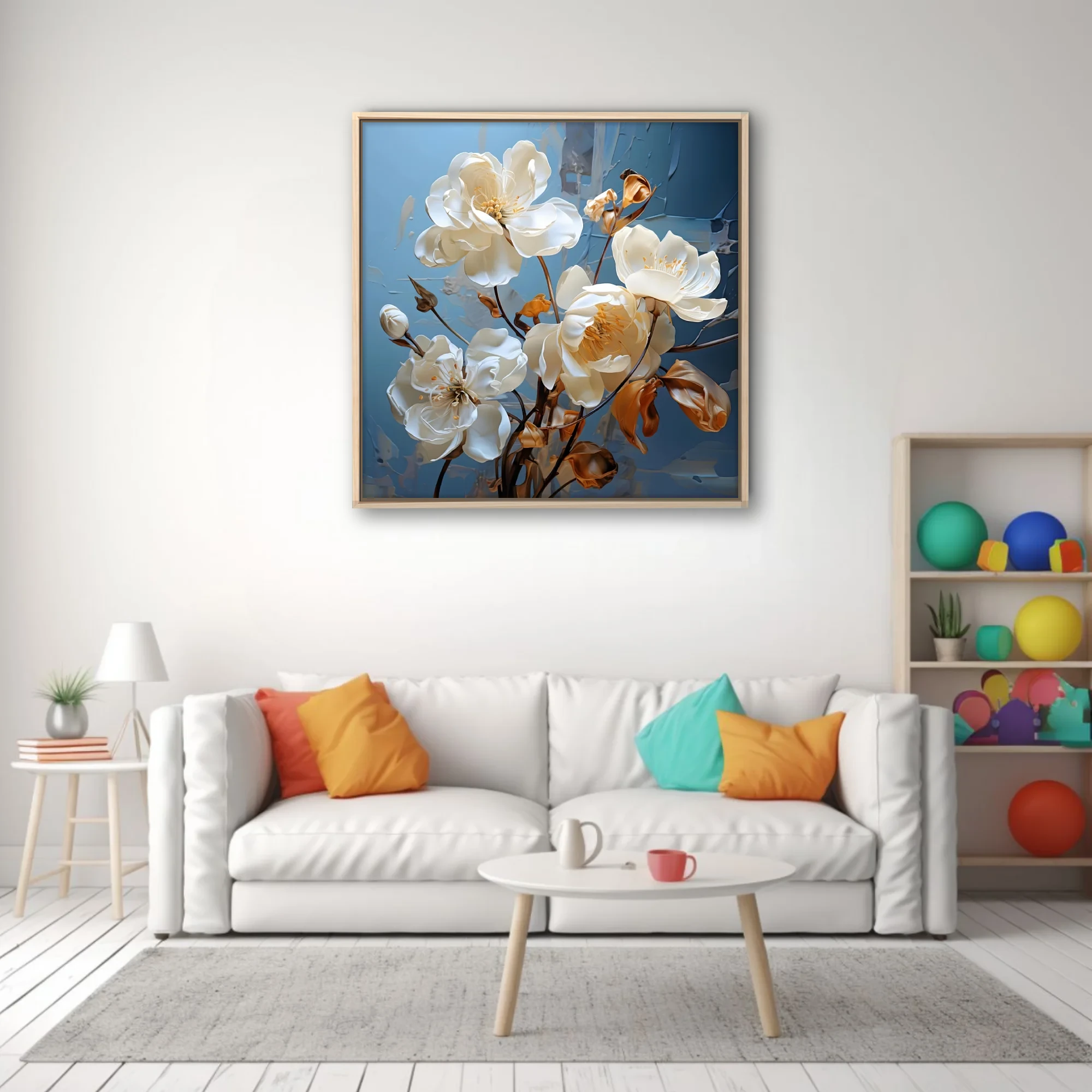 White floral artwork with gold accents on cool blue-gray textured background