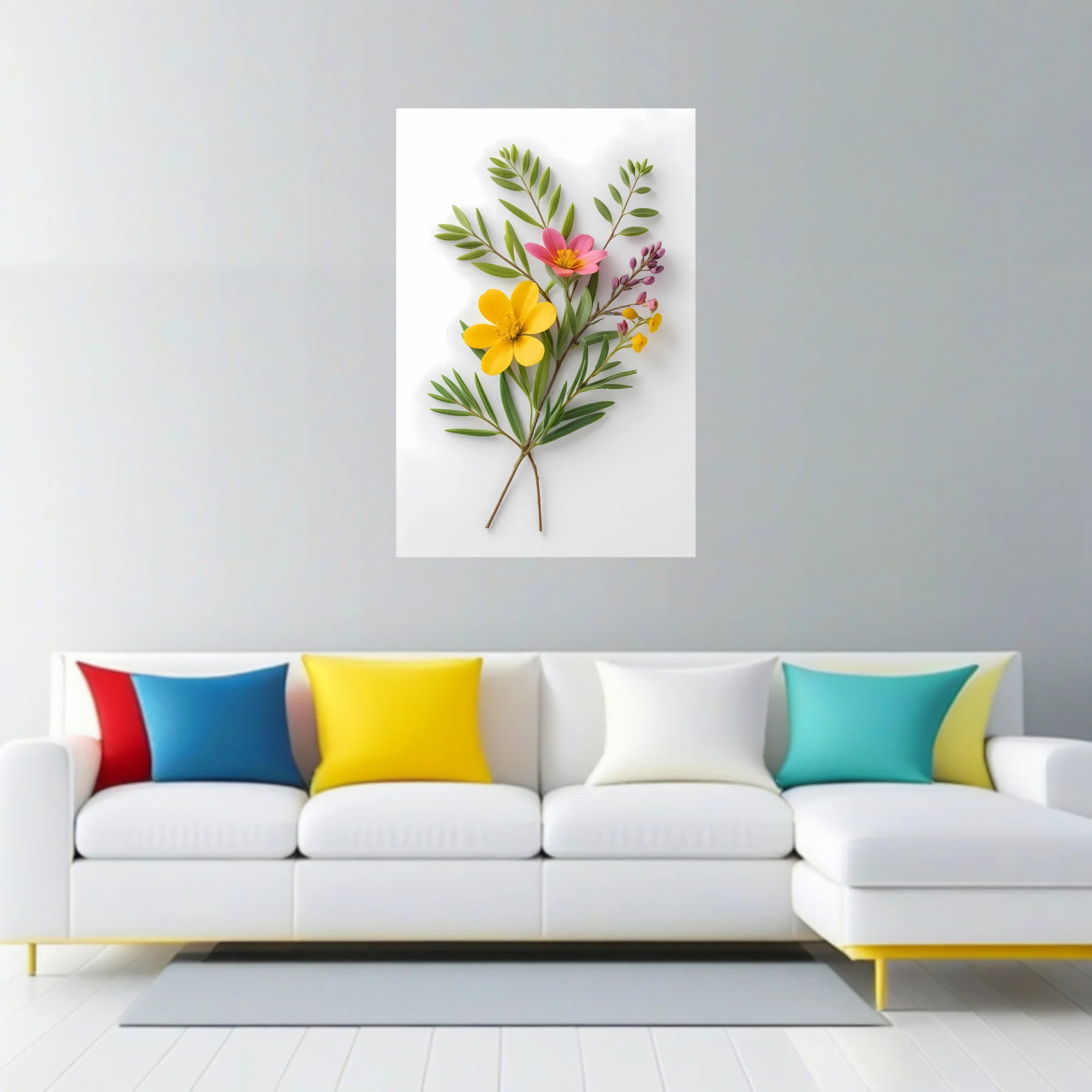 Botanical wildflower arrangement, yellow and pink blooms on white