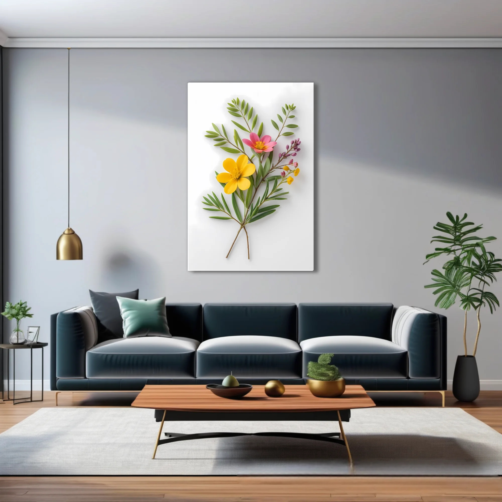 Botanical wildflower arrangement, yellow and pink blooms on white