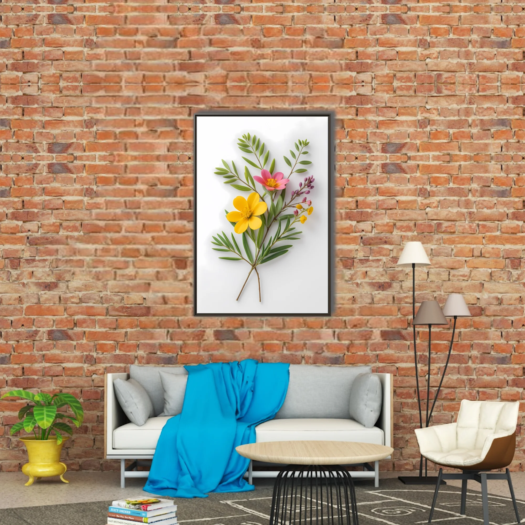 Botanical wildflower arrangement, yellow and pink blooms on white