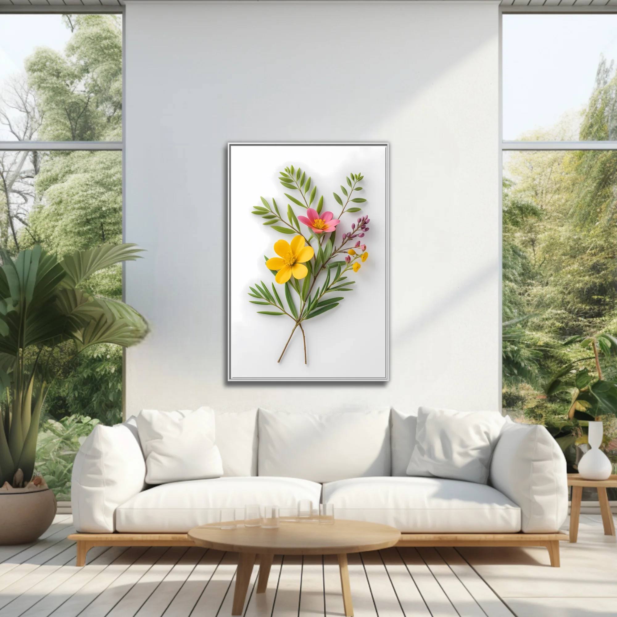 Botanical wildflower arrangement, yellow and pink blooms on white