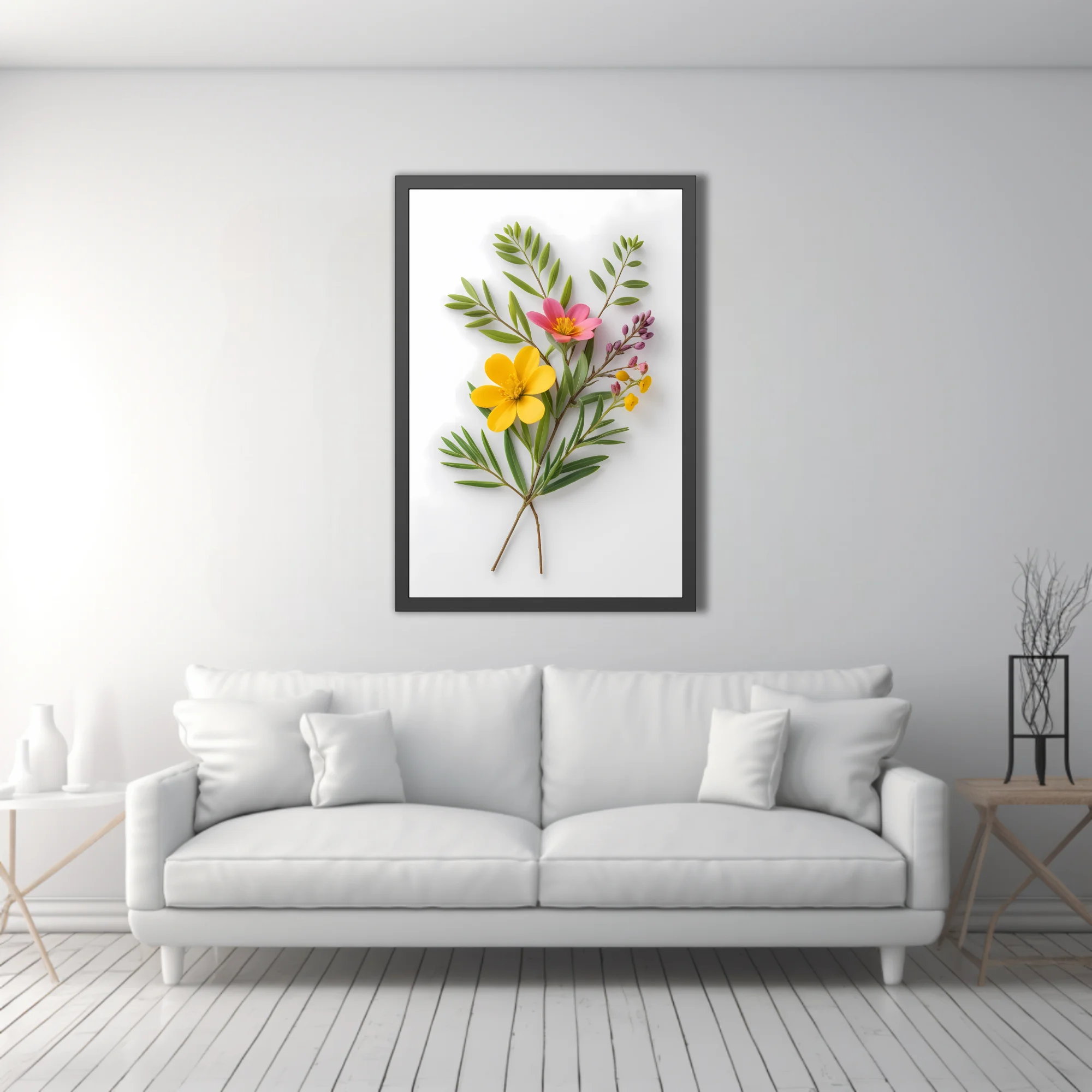 Botanical wildflower arrangement, yellow and pink blooms on white