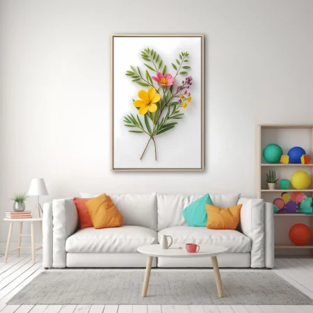 Botanical wildflower arrangement, yellow and pink blooms on white