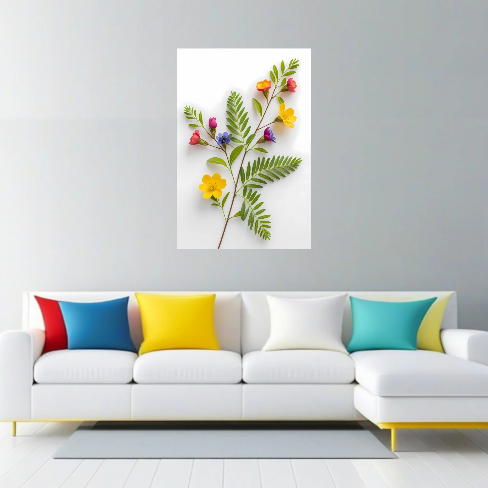Colorful wildflower stems with vibrant multicolor blooms on white background