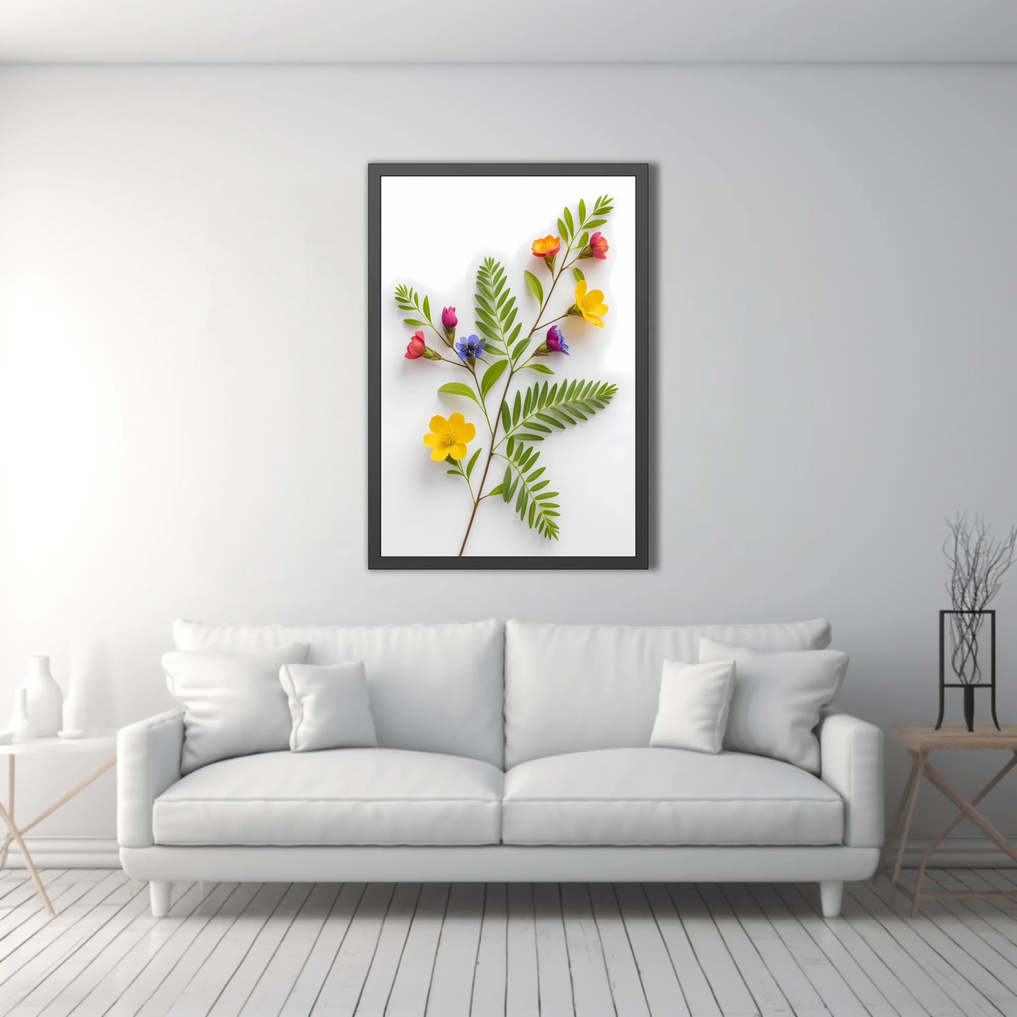 Colorful wildflower stems with vibrant multicolor blooms on white background