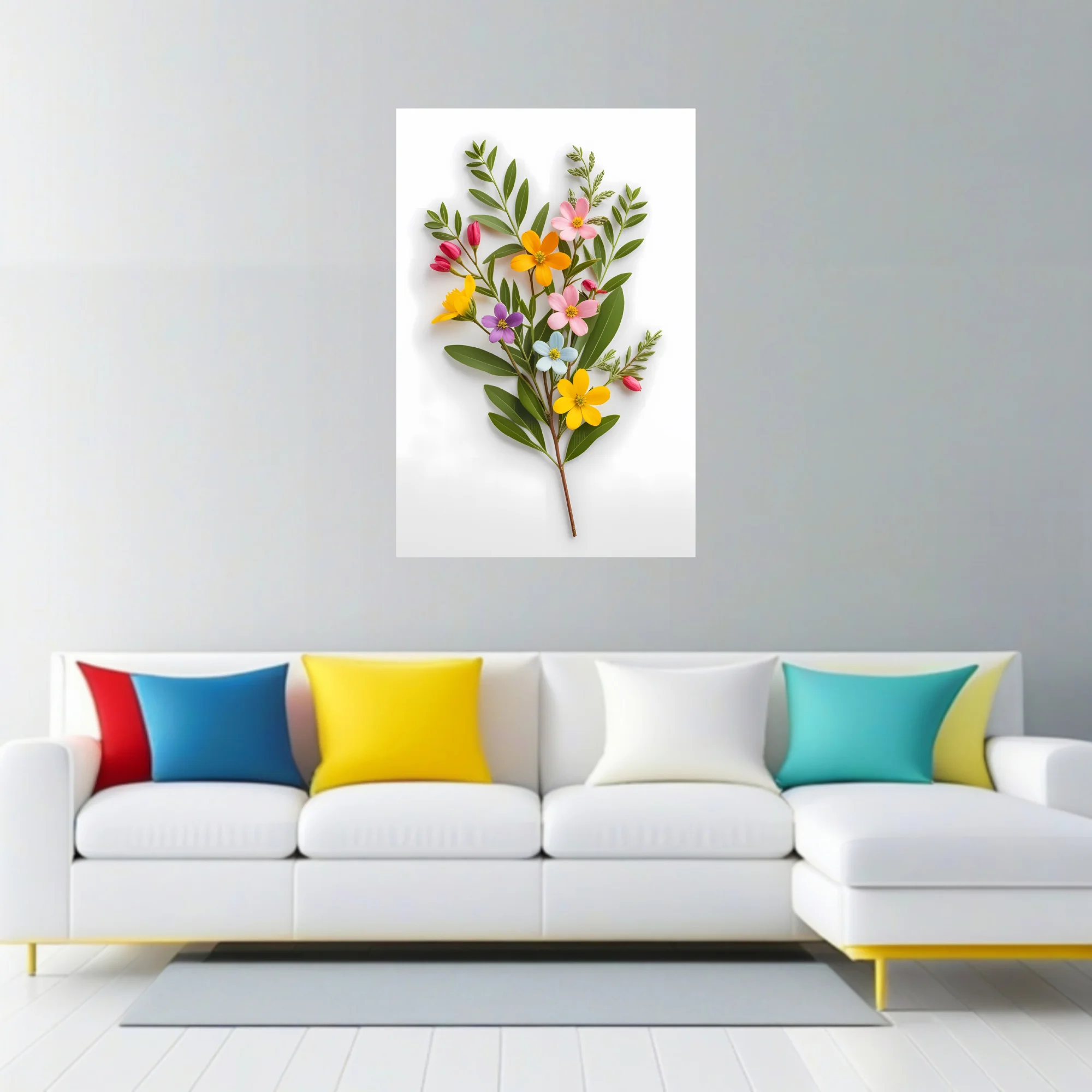 Multicolor wildflower bouquet with green stems on white background