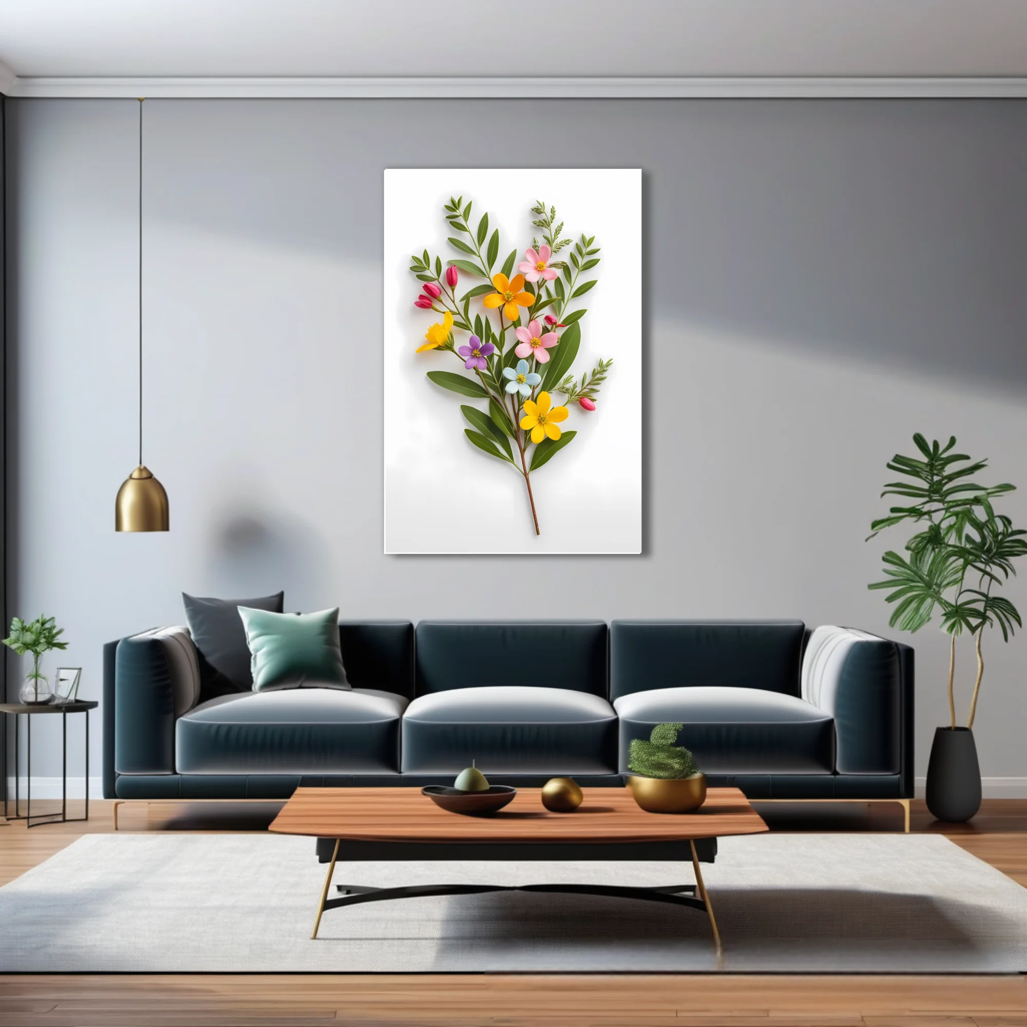 Multicolor wildflower bouquet with green stems on white background