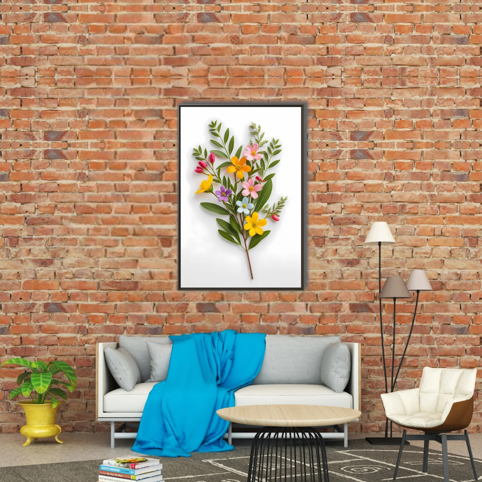 Multicolor wildflower bouquet with green stems on white background