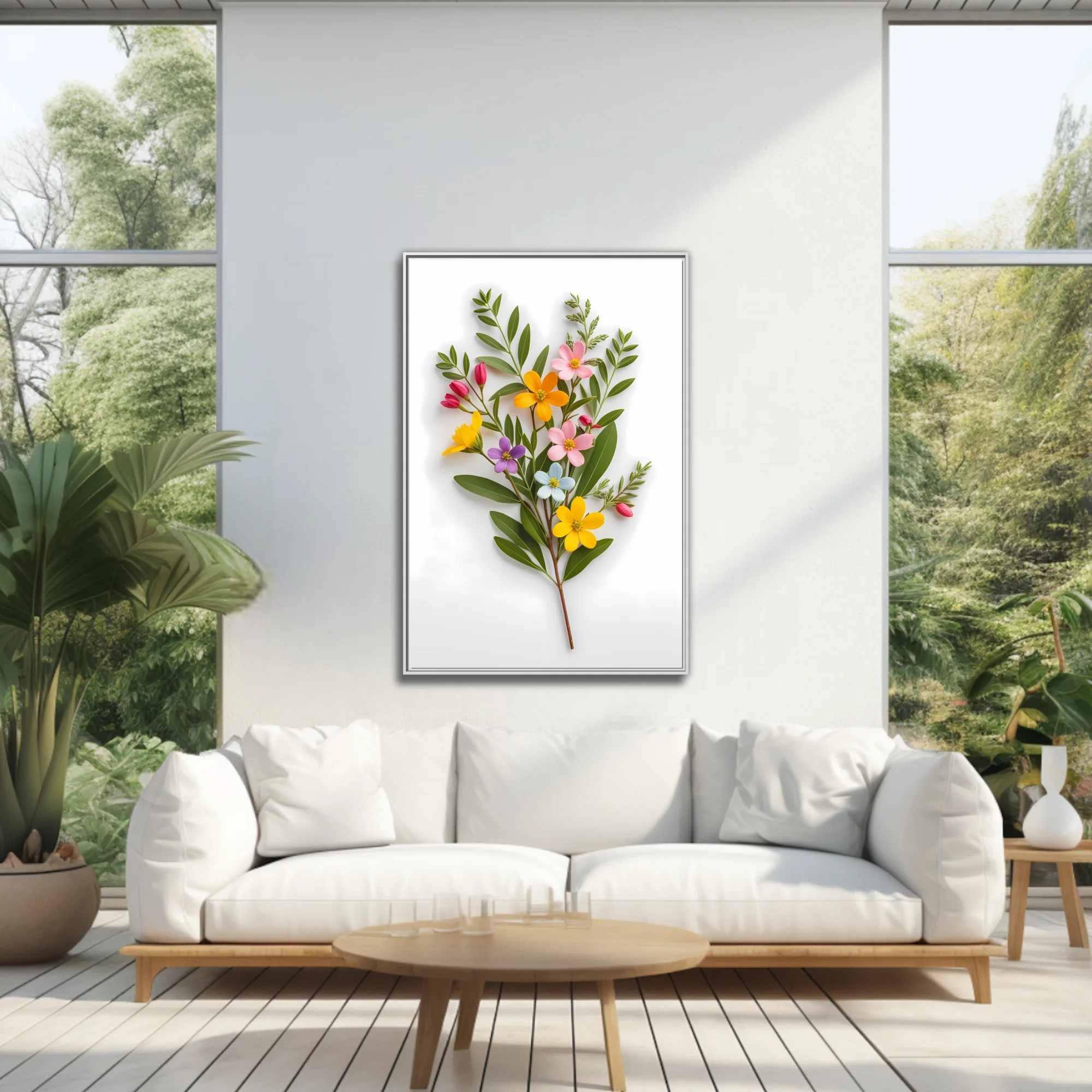 Multicolor wildflower bouquet with green stems on white background