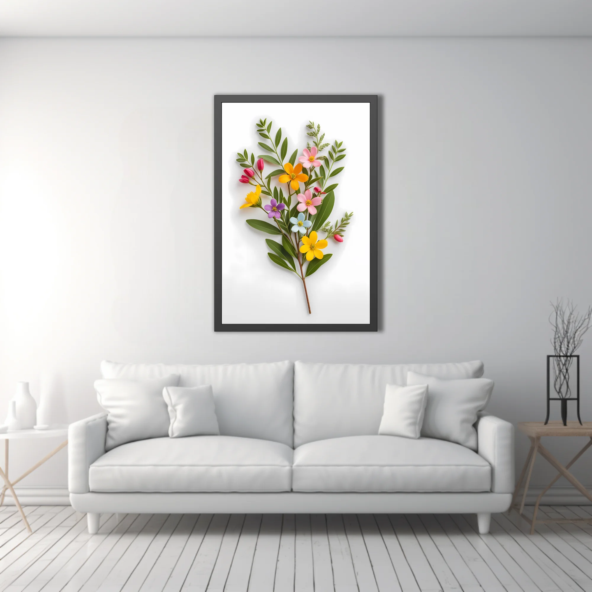 Multicolor wildflower bouquet with green stems on white background