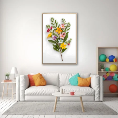 Multicolor wildflower bouquet with green stems on white background