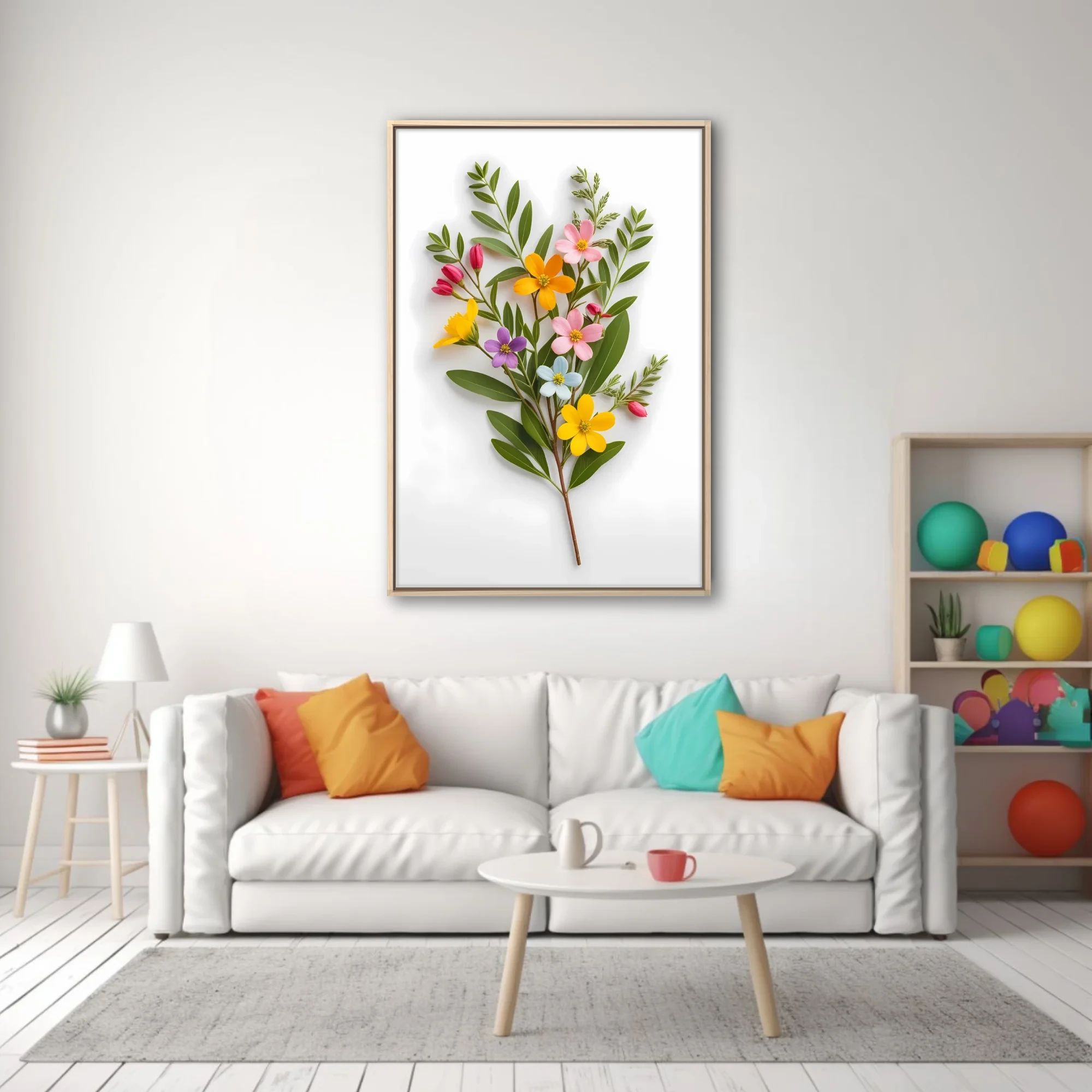 Multicolor wildflower bouquet with green stems on white background