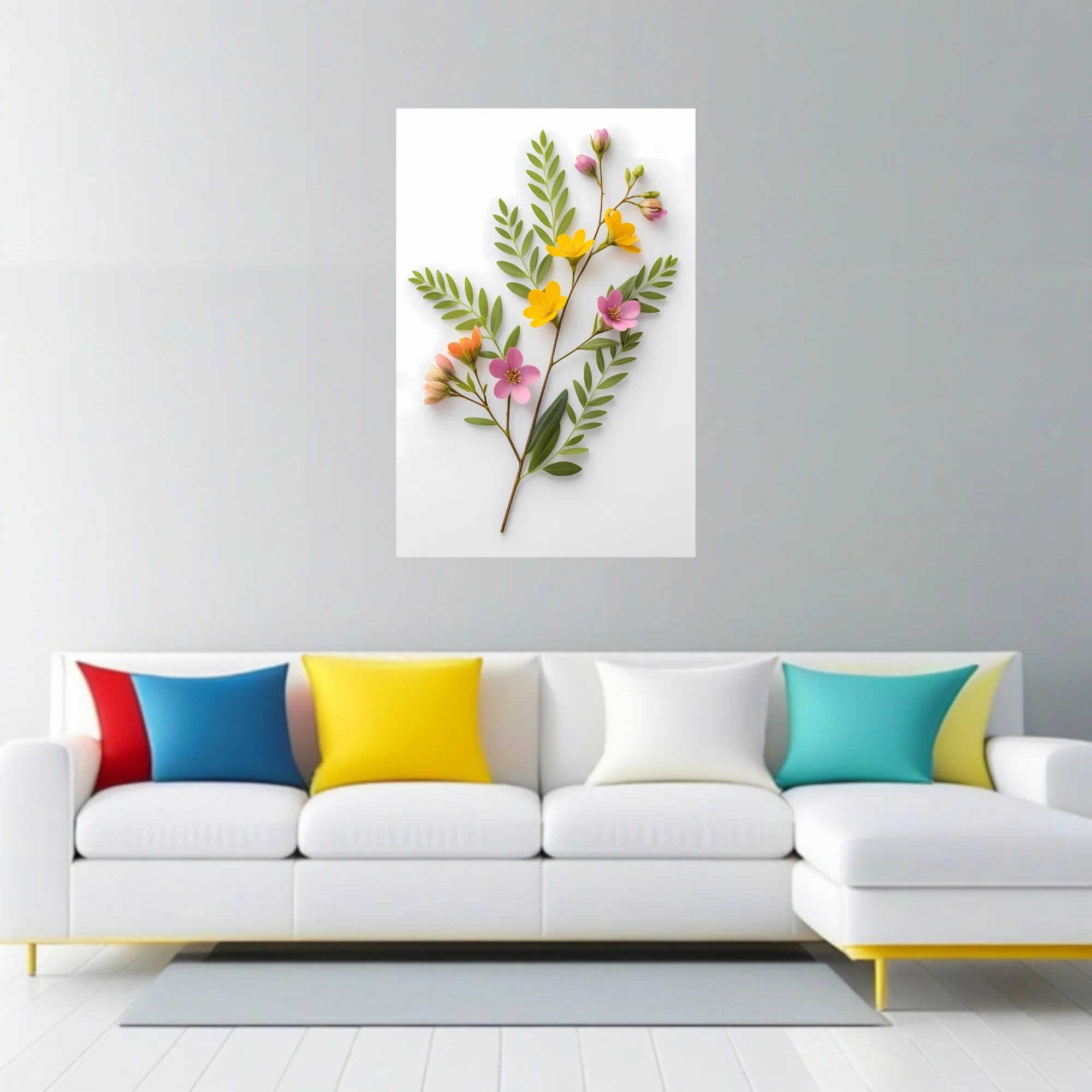 Wildflower spray with yellow and pink blooms on white background