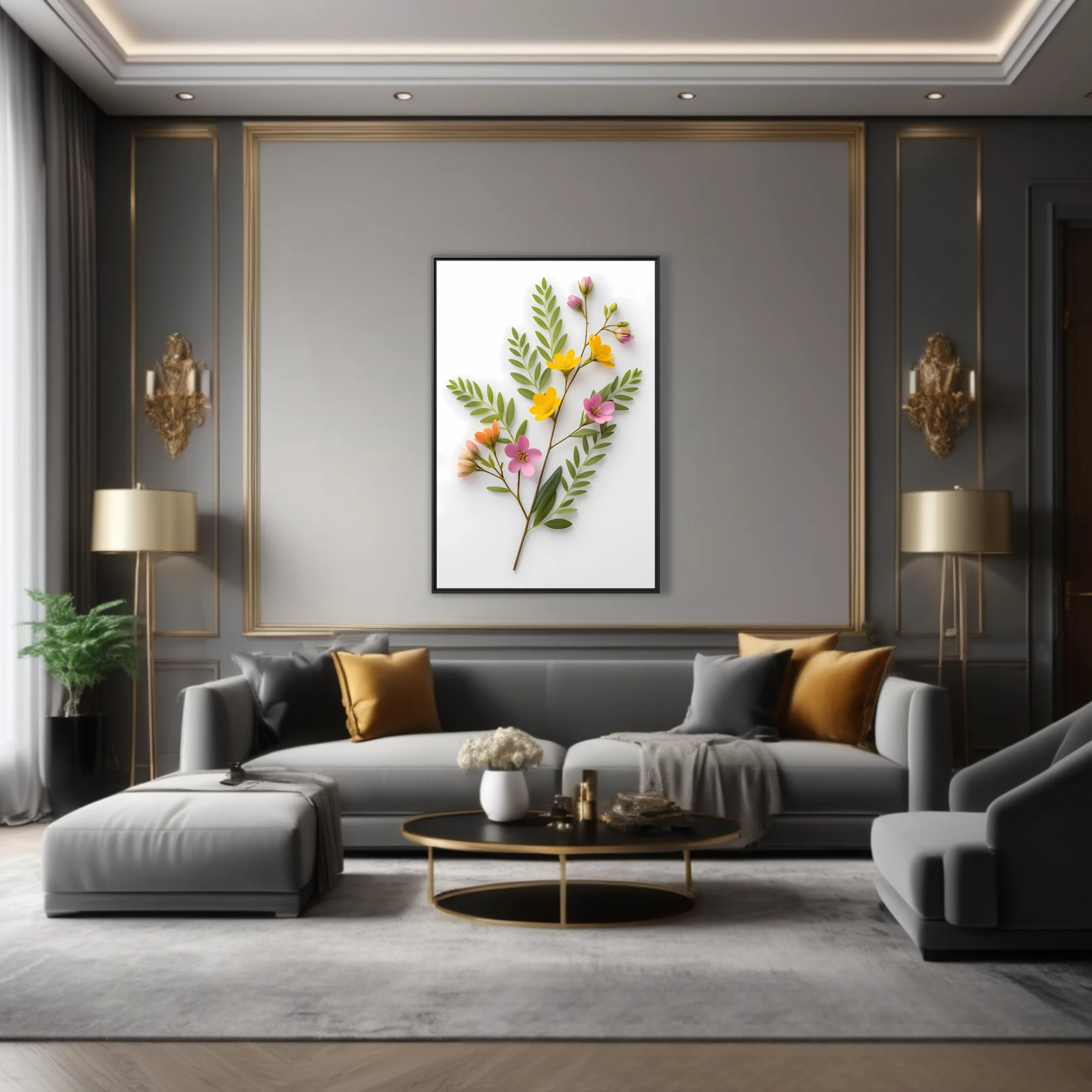 Wildflower spray with yellow and pink blooms on white background