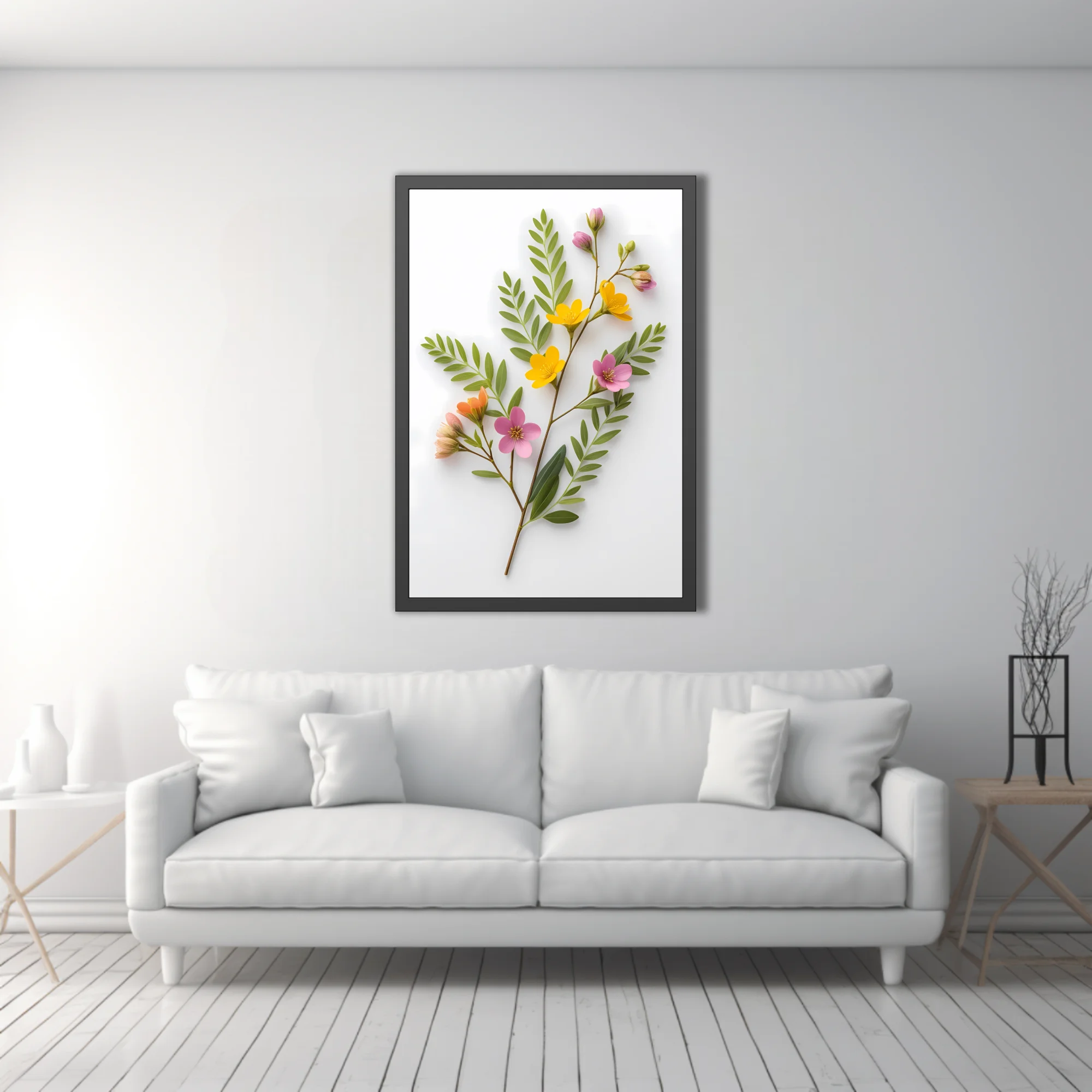 Wildflower spray with yellow and pink blooms on white background