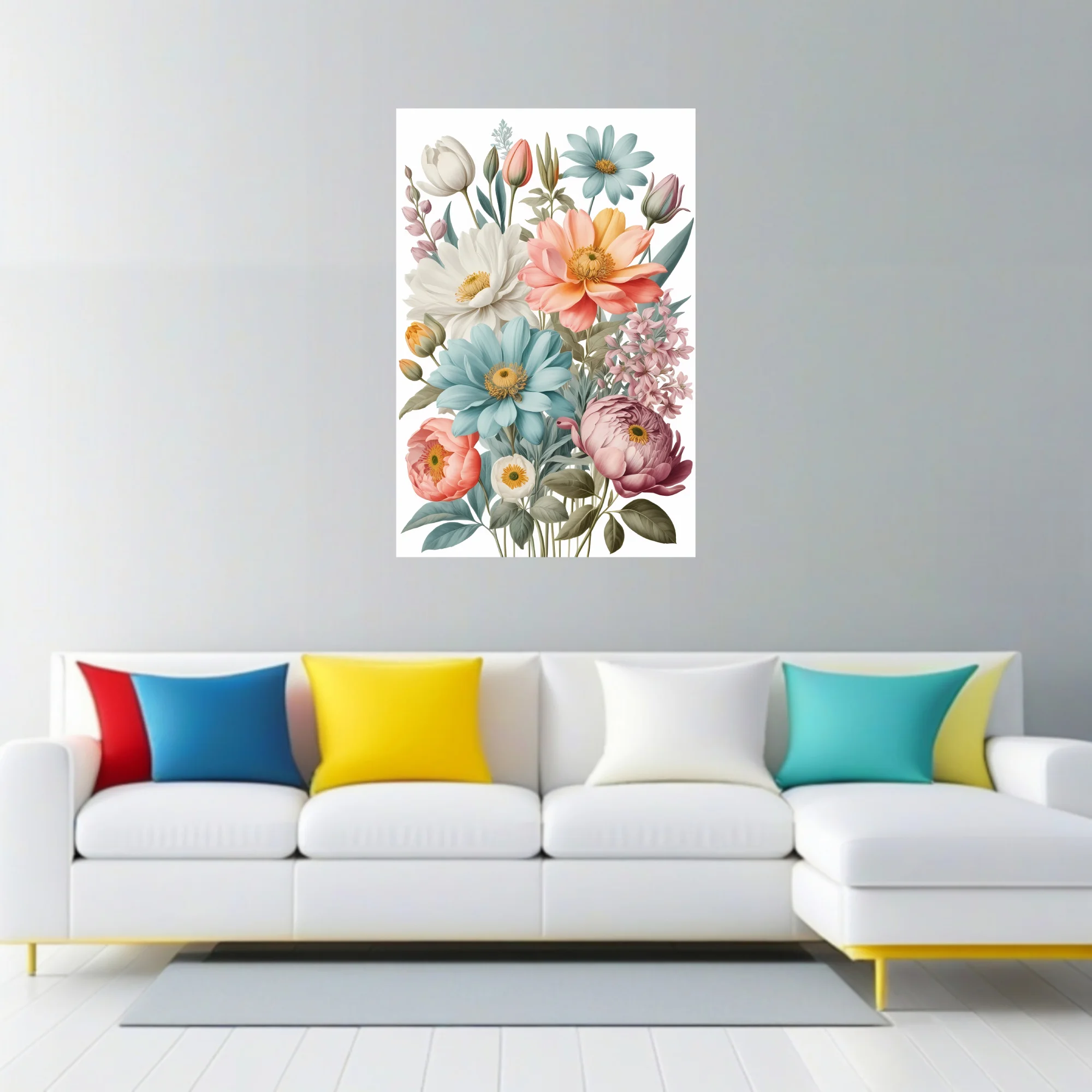 Vintage botanical pastel floral bouquet illustration, soft pinks, blues, and peach blooms