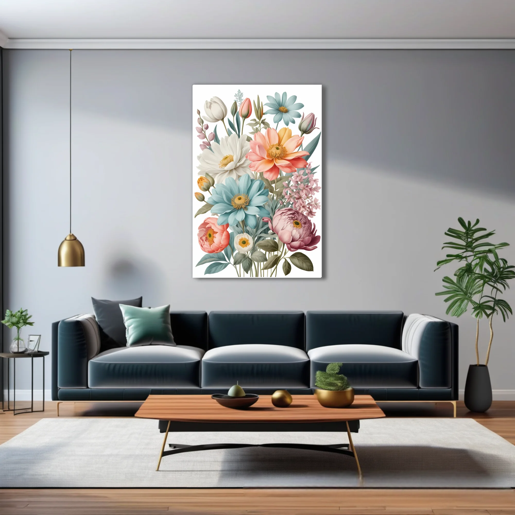 Vintage botanical pastel floral bouquet illustration, soft pinks, blues, and peach blooms