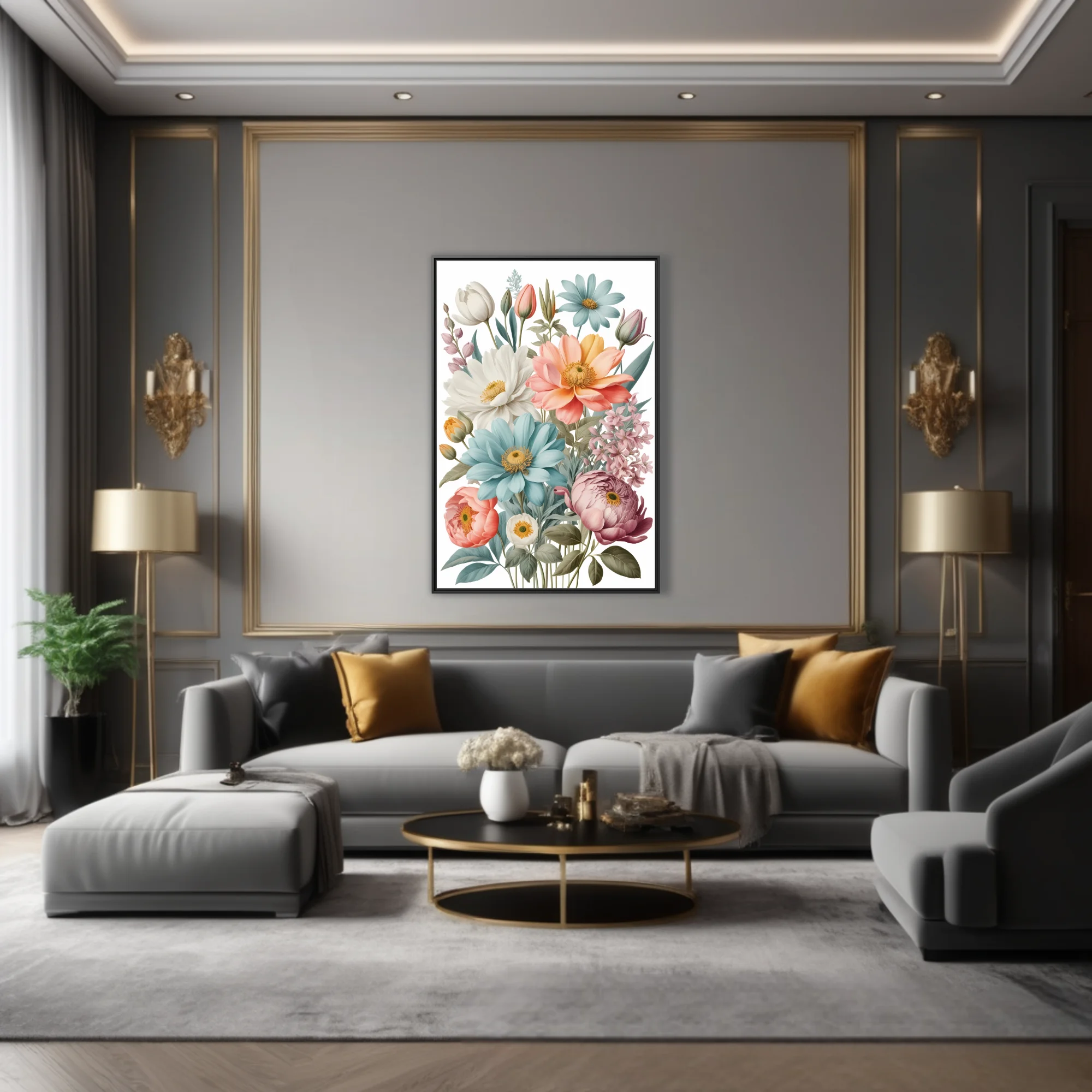 Vintage botanical pastel floral bouquet illustration, soft pinks, blues, and peach blooms