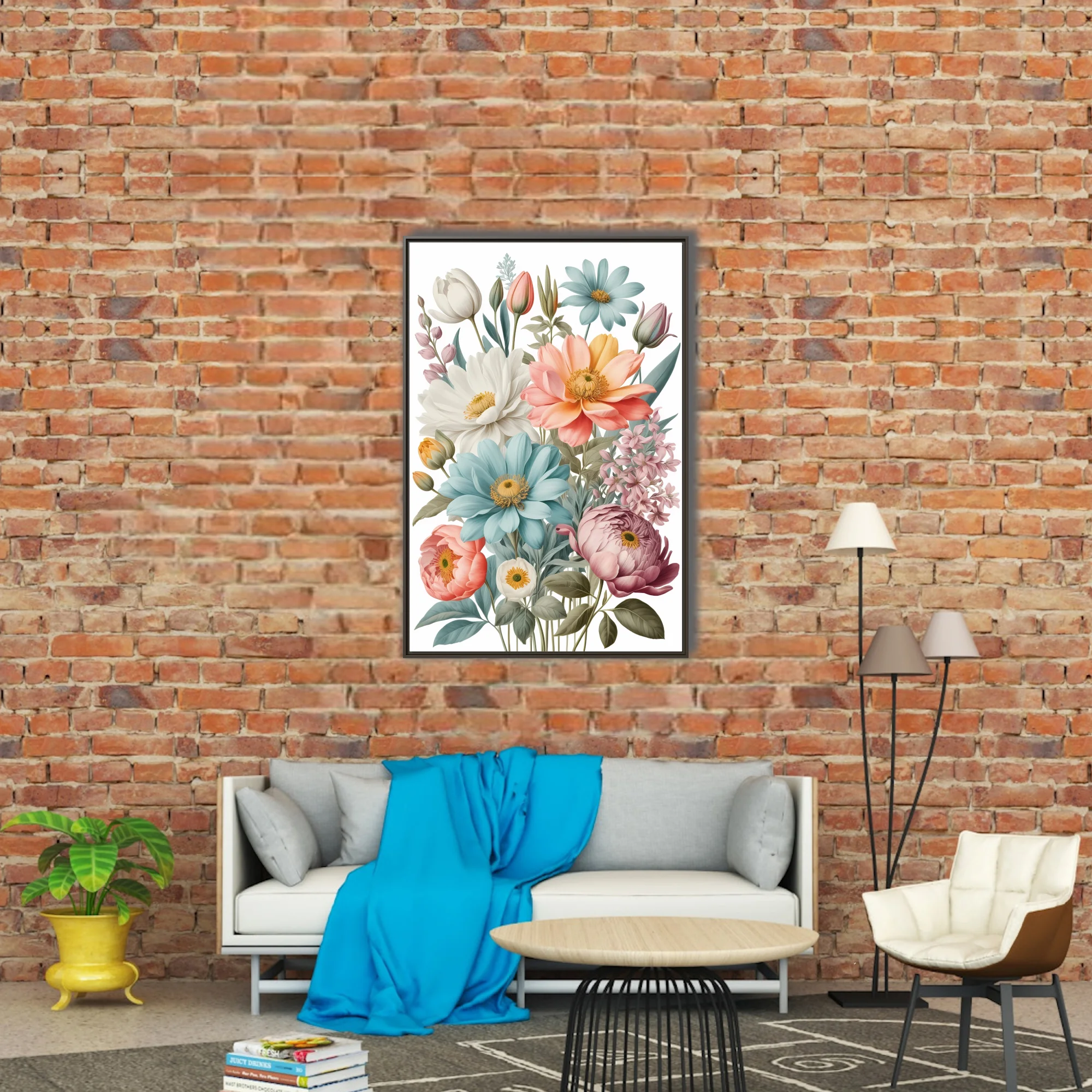 Vintage botanical pastel floral bouquet illustration, soft pinks, blues, and peach blooms