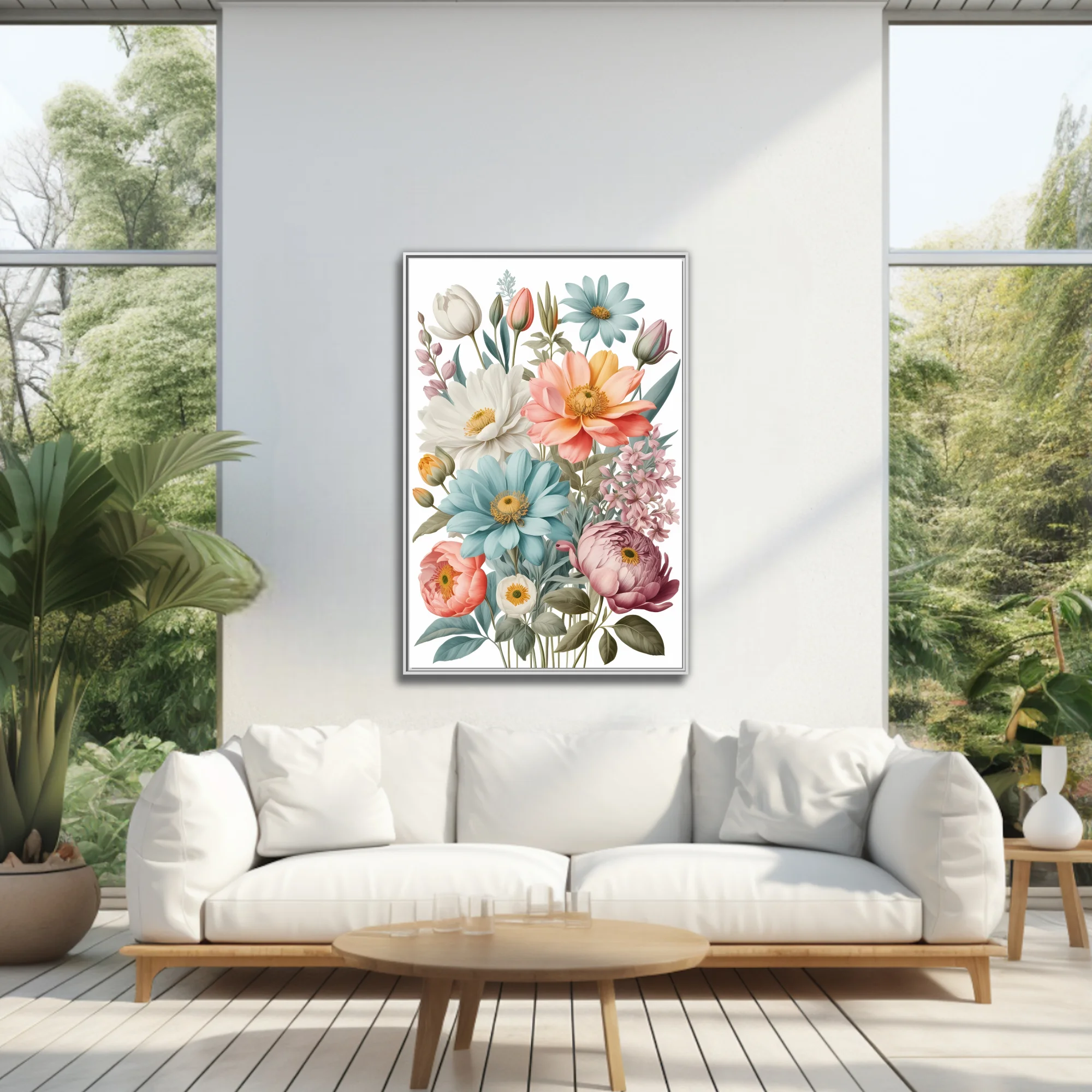 Vintage botanical pastel floral bouquet illustration, soft pinks, blues, and peach blooms