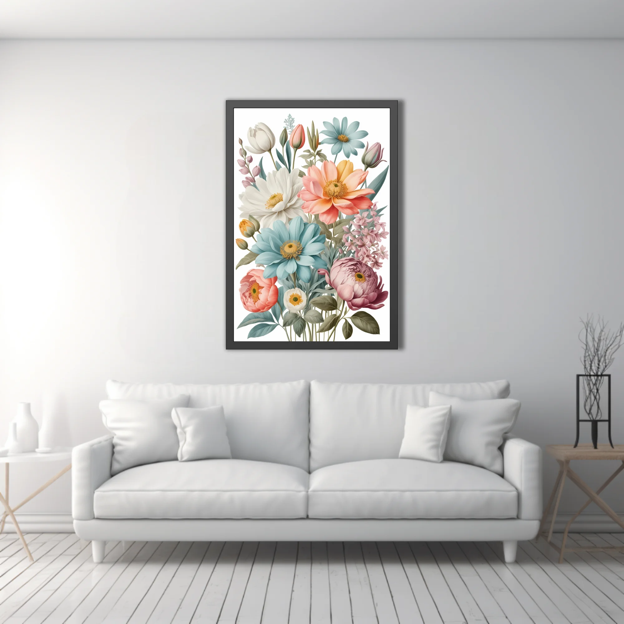 Vintage botanical pastel floral bouquet illustration, soft pinks, blues, and peach blooms