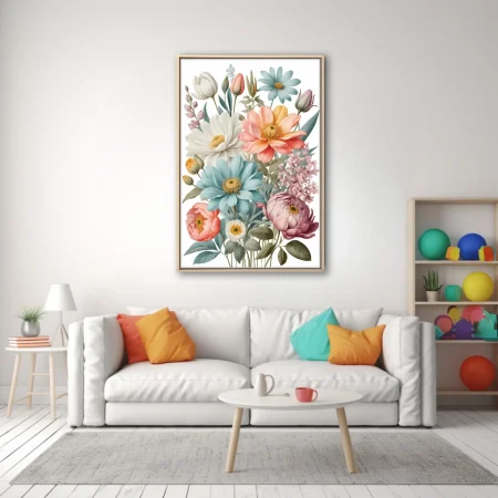 Vintage botanical pastel floral bouquet illustration, soft pinks, blues, and peach blooms