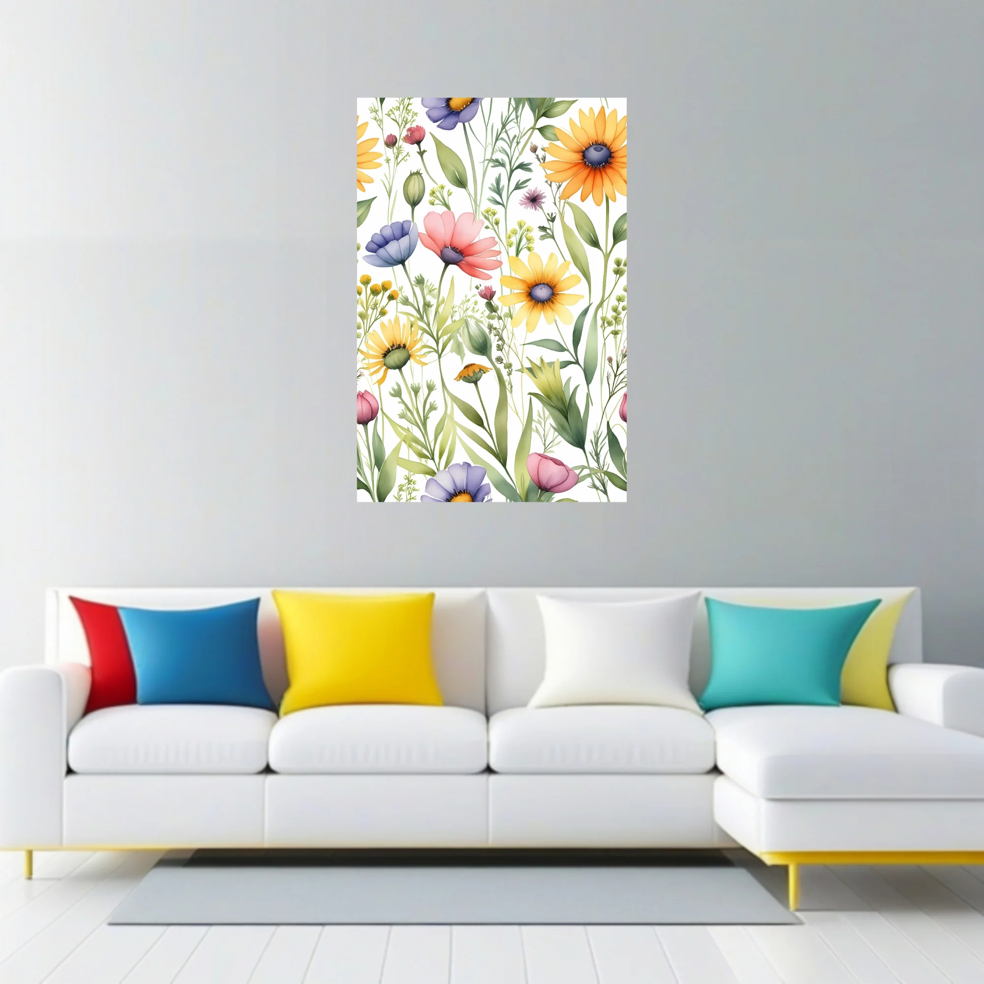 Watercolor-style wildflower botanical print, pastel meadow blooms on white background