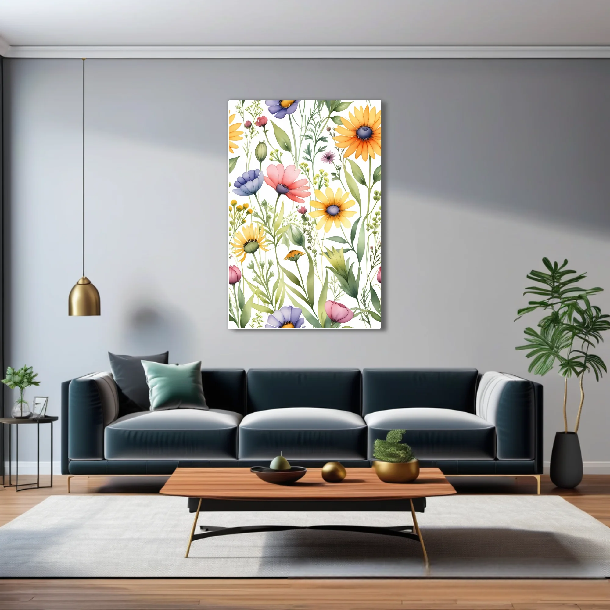 Watercolor-style wildflower botanical print, pastel meadow blooms on white background