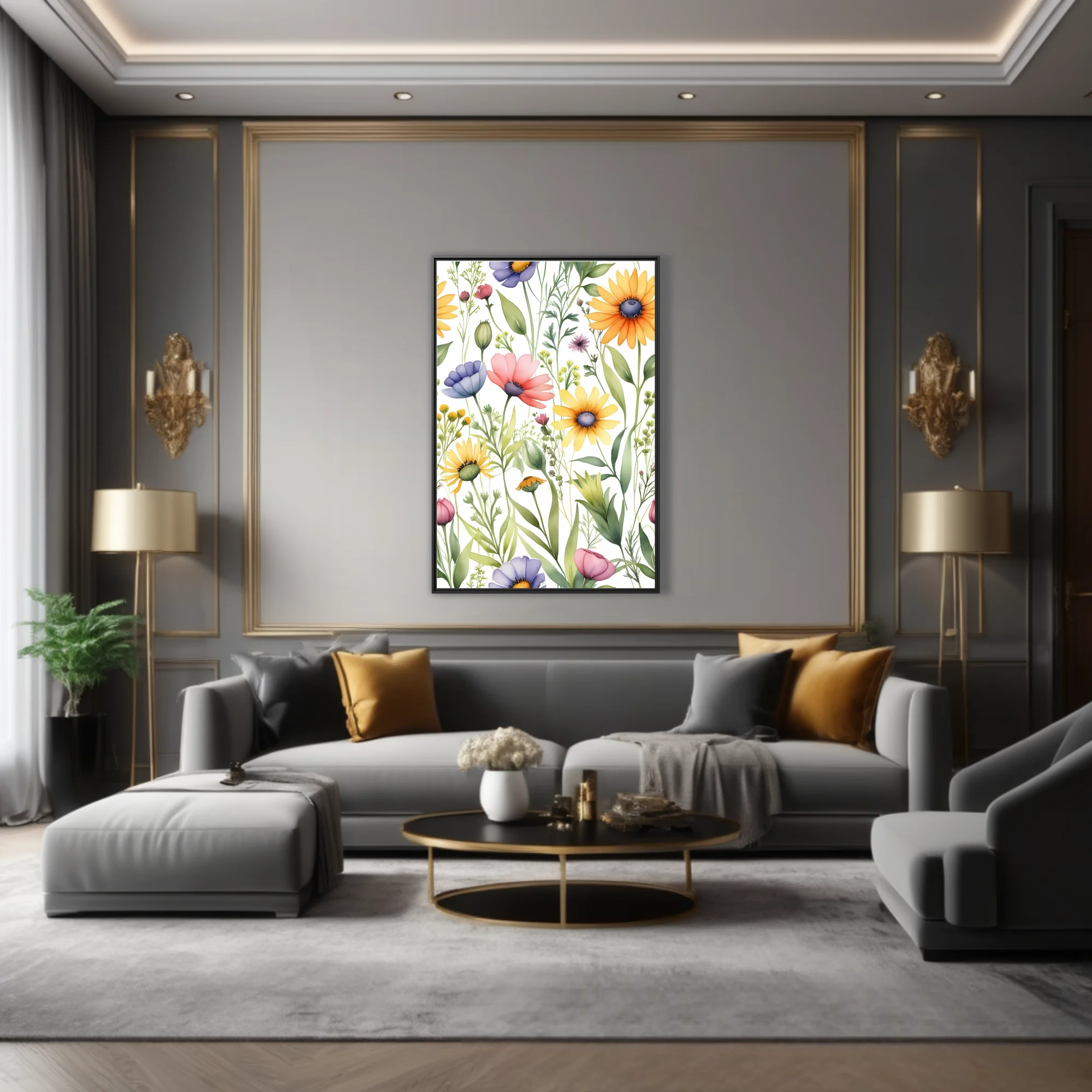 Watercolor-style wildflower botanical print, pastel meadow blooms on white background