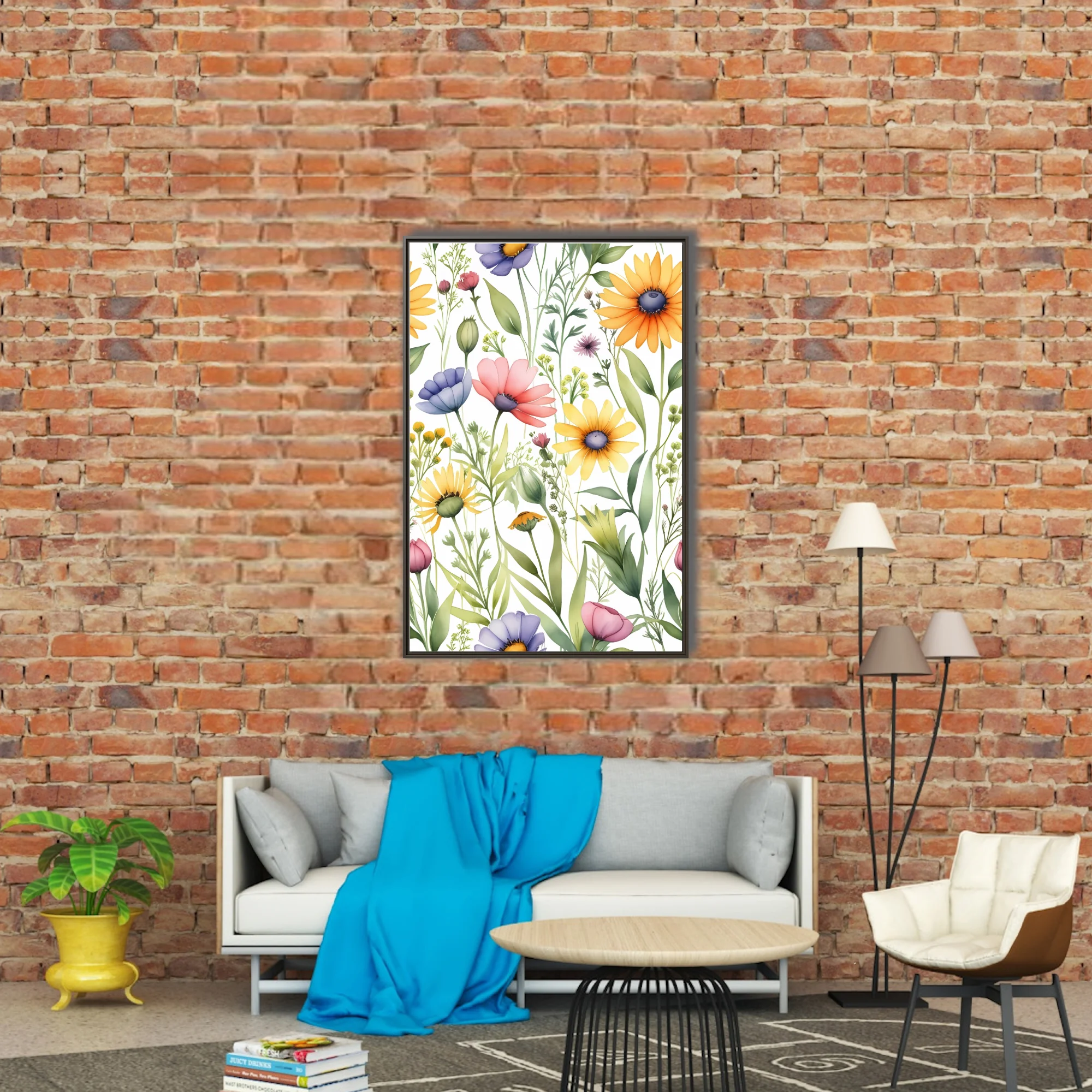Watercolor-style wildflower botanical print, pastel meadow blooms on white background