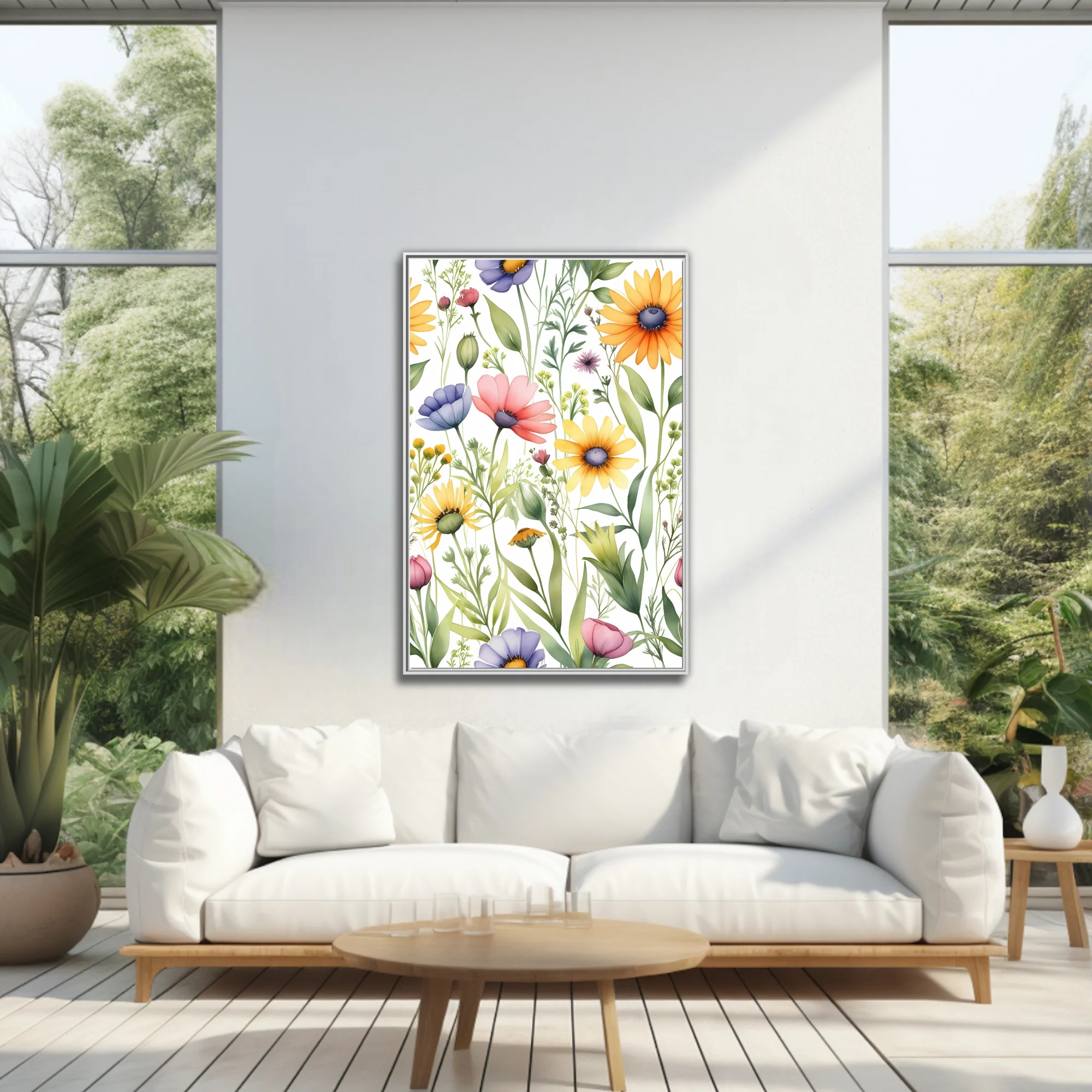 Watercolor-style wildflower botanical print, pastel meadow blooms on white background