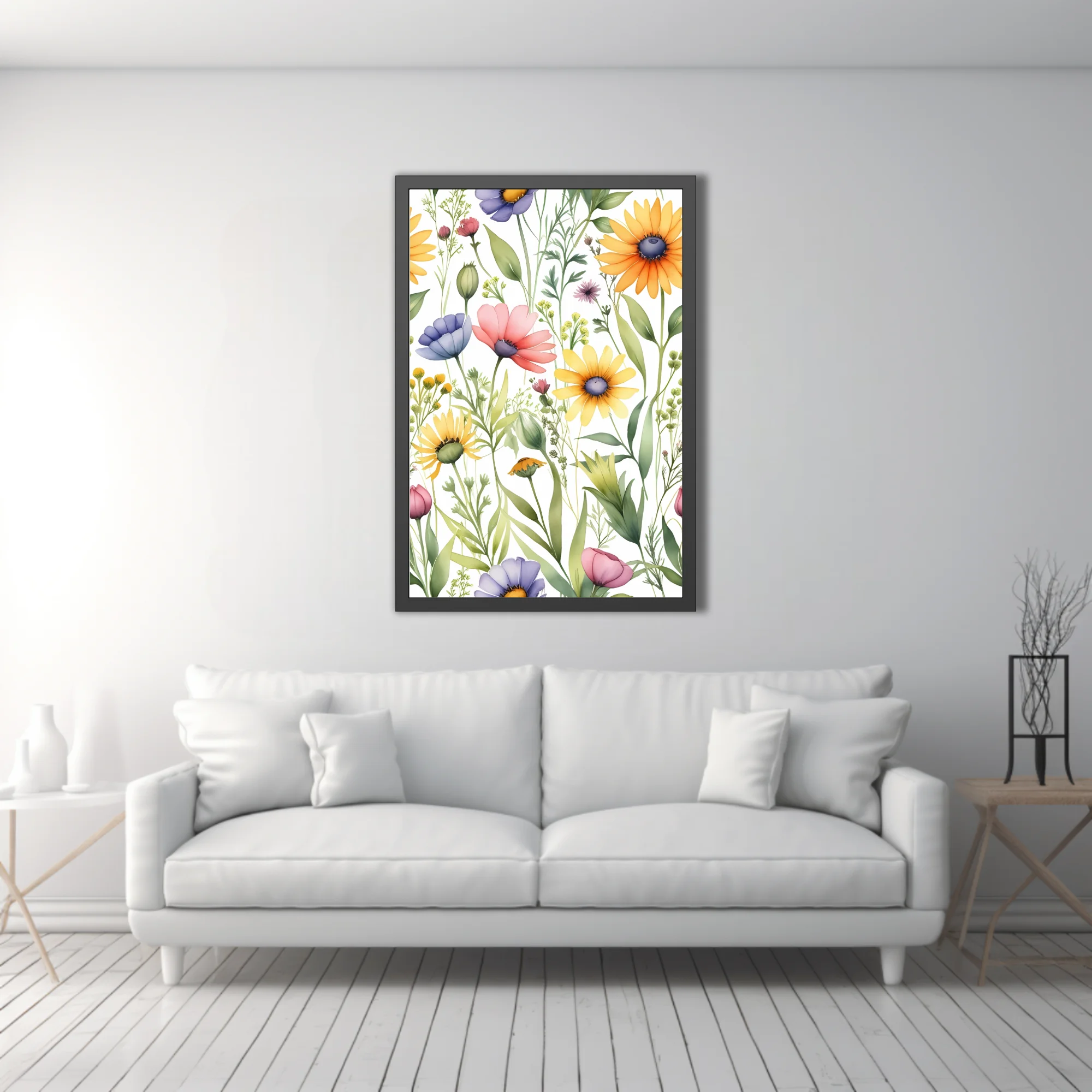Watercolor-style wildflower botanical print, pastel meadow blooms on white background
