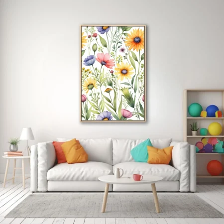Watercolor-style wildflower botanical print, pastel meadow blooms on white background