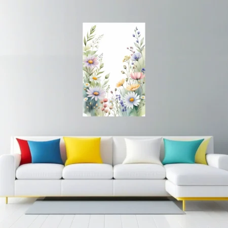 Watercolor-style wildflower botanical border in soft pastel tones with daisies and meadow blooms