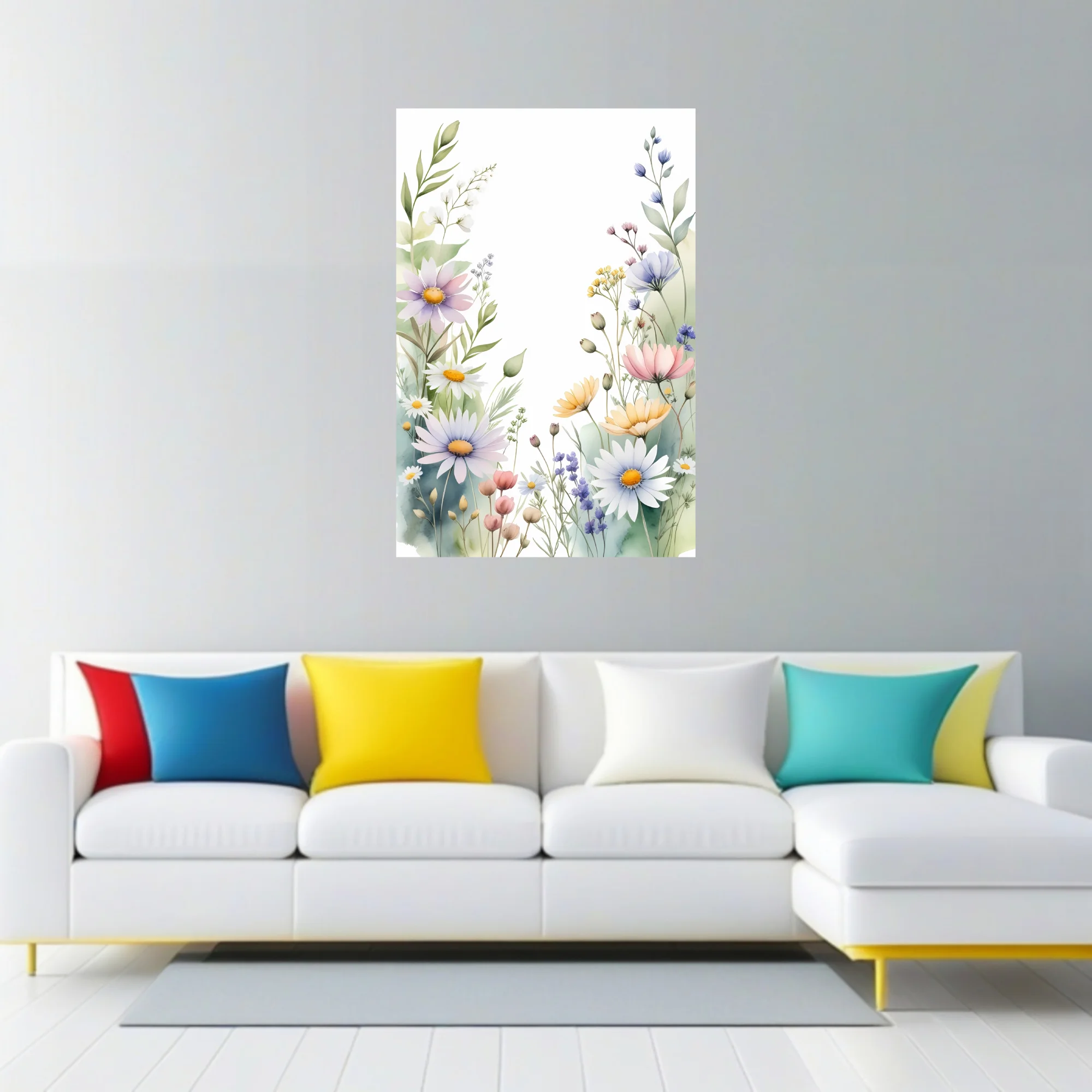 Watercolor-style wildflower botanical border in soft pastel tones with daisies and meadow blooms
