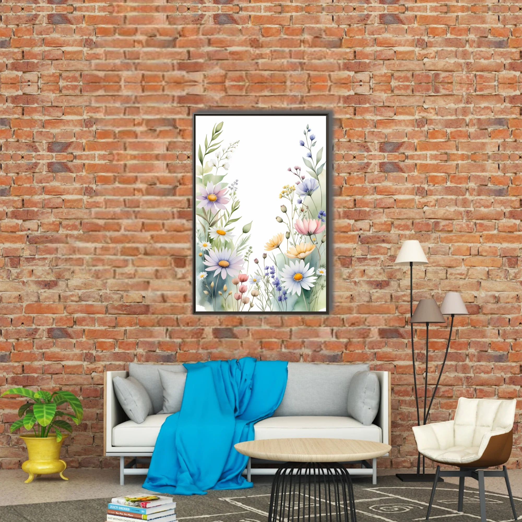 Watercolor-style wildflower botanical border in soft pastel tones with daisies and meadow blooms