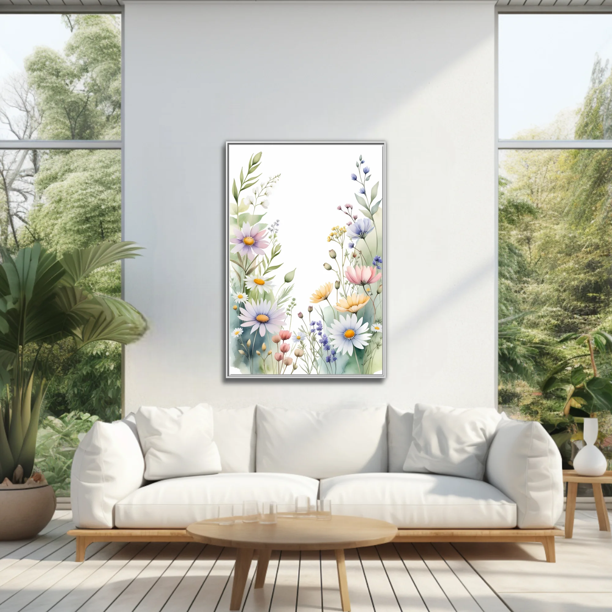 Watercolor-style wildflower botanical border in soft pastel tones with daisies and meadow blooms