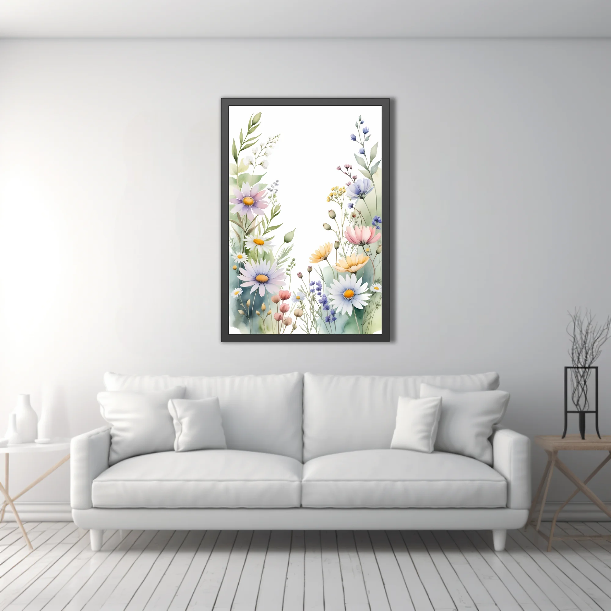 Watercolor-style wildflower botanical border in soft pastel tones with daisies and meadow blooms