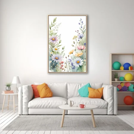 Watercolor-style wildflower botanical border in soft pastel tones with daisies and meadow blooms