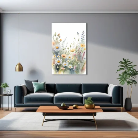 Watercolor-style wildflower meadow illustration with daisies and pastel botanicals