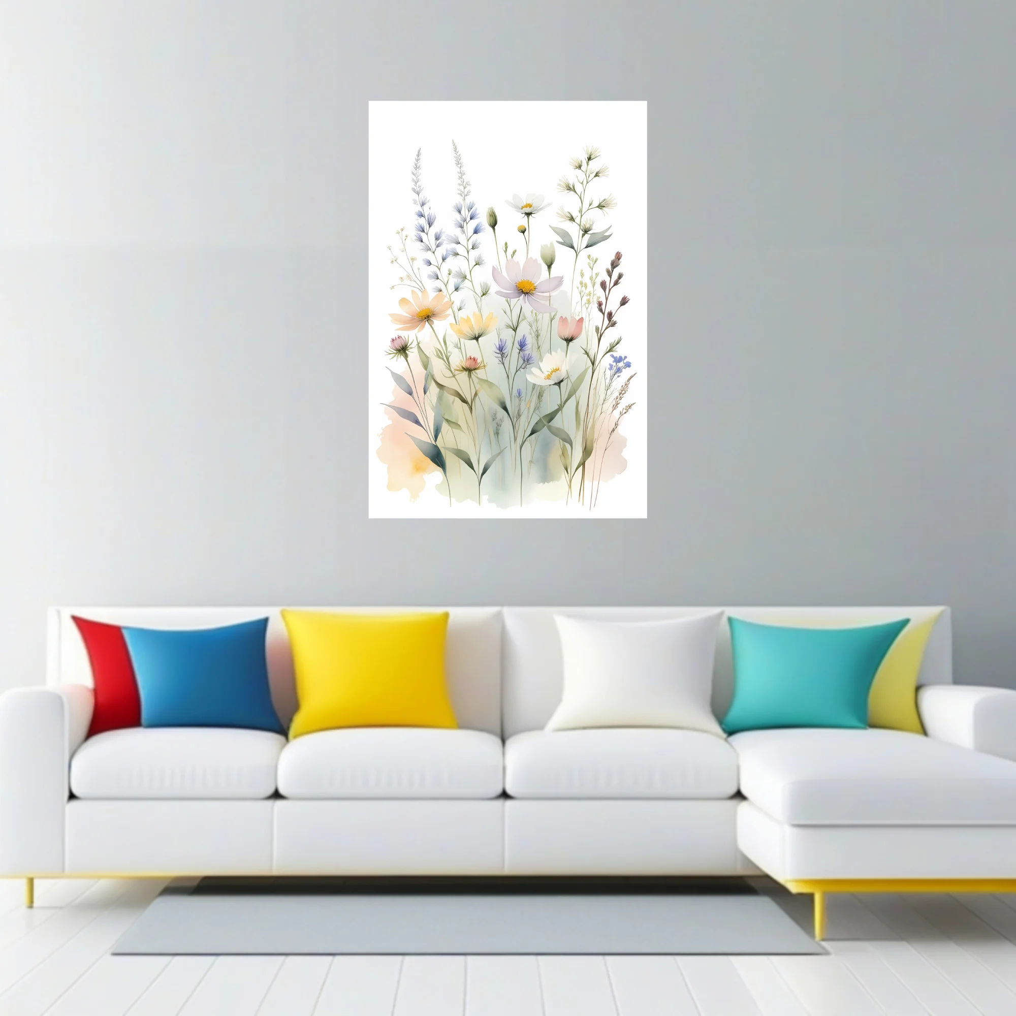 Watercolor-style wildflower meadow illustration in soft pastel tones, airy botanical print