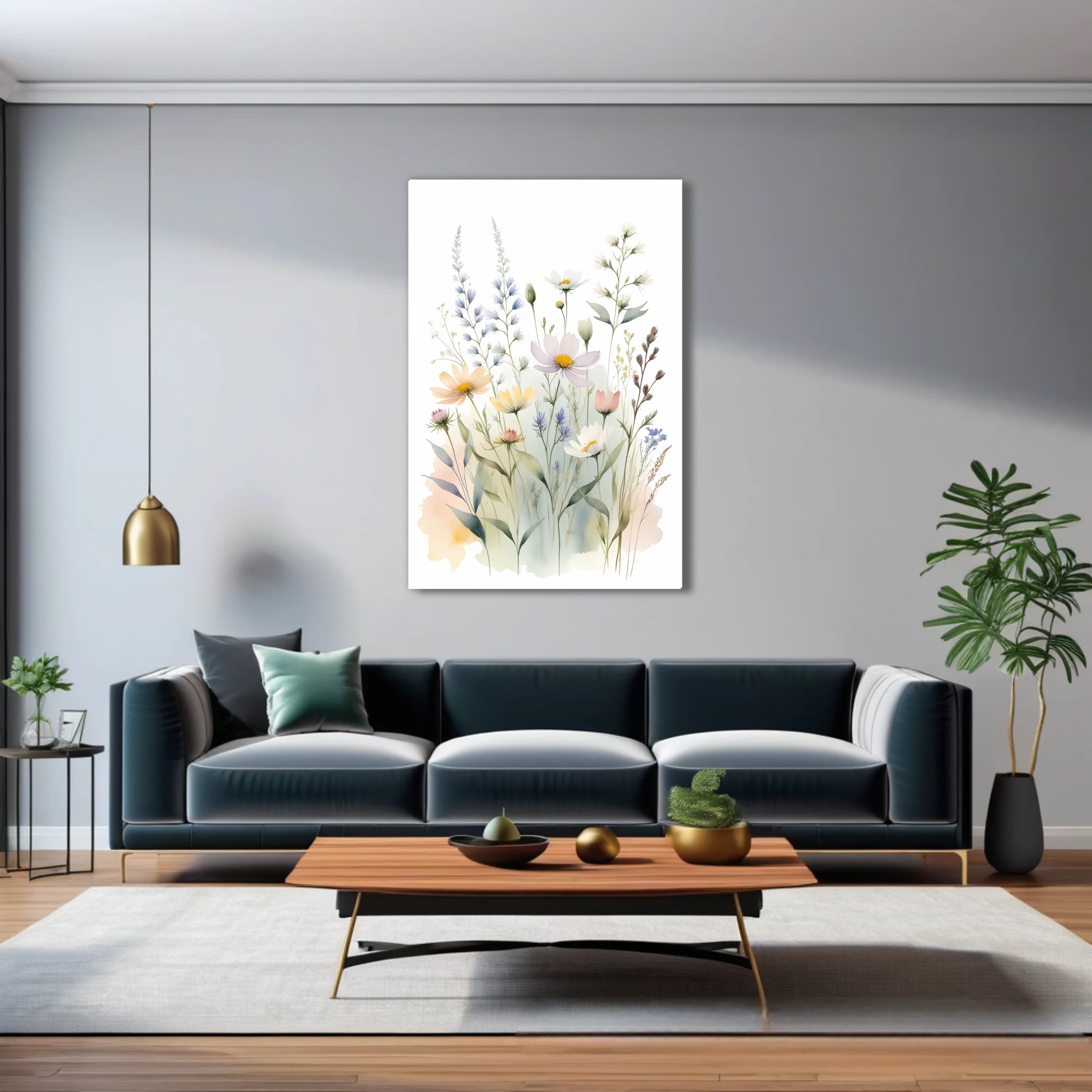 Watercolor-style wildflower meadow illustration in soft pastel tones, airy botanical print