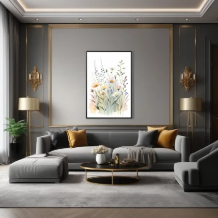 Watercolor-style wildflower meadow illustration in soft pastel tones, airy botanical print