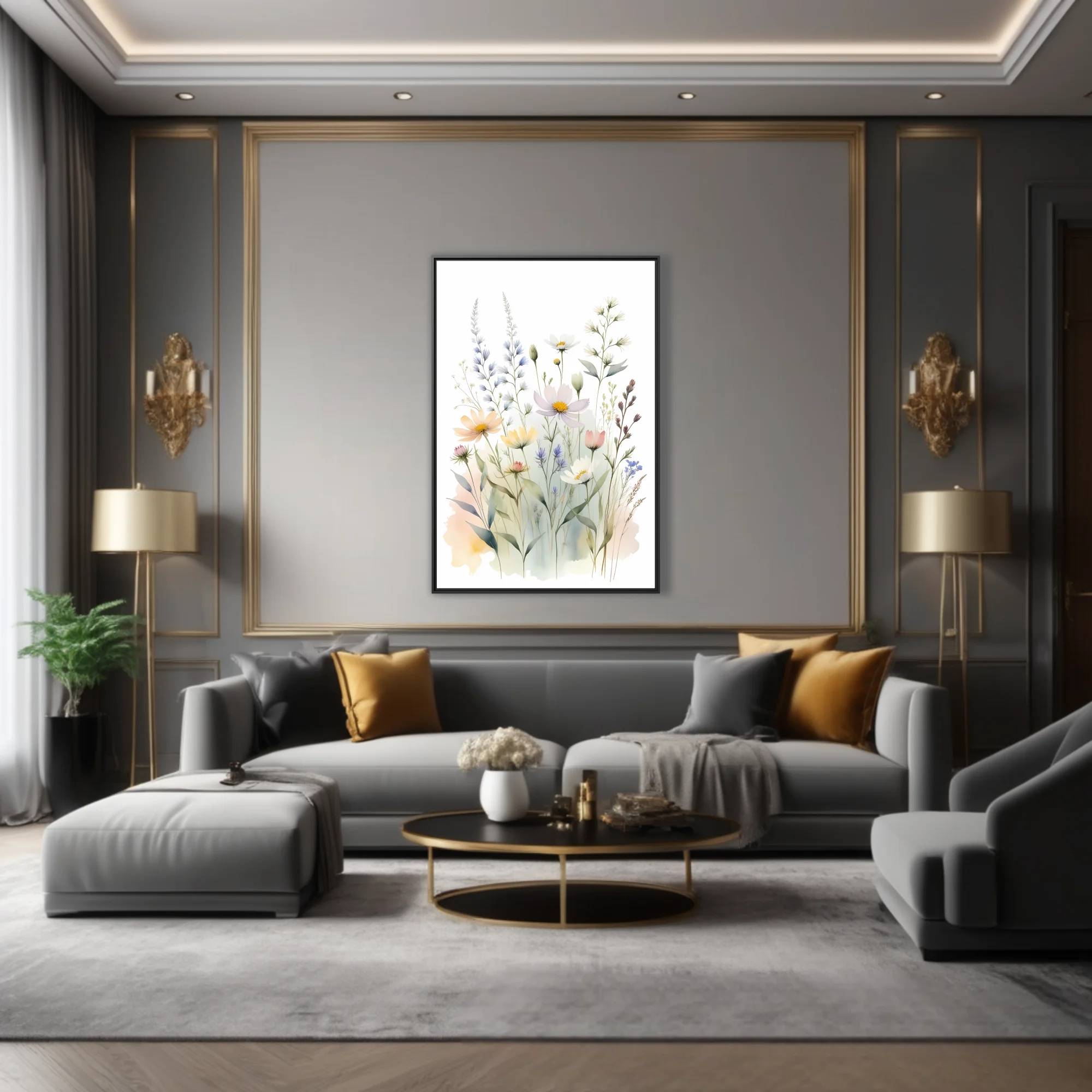 Watercolor-style wildflower meadow illustration in soft pastel tones, airy botanical print