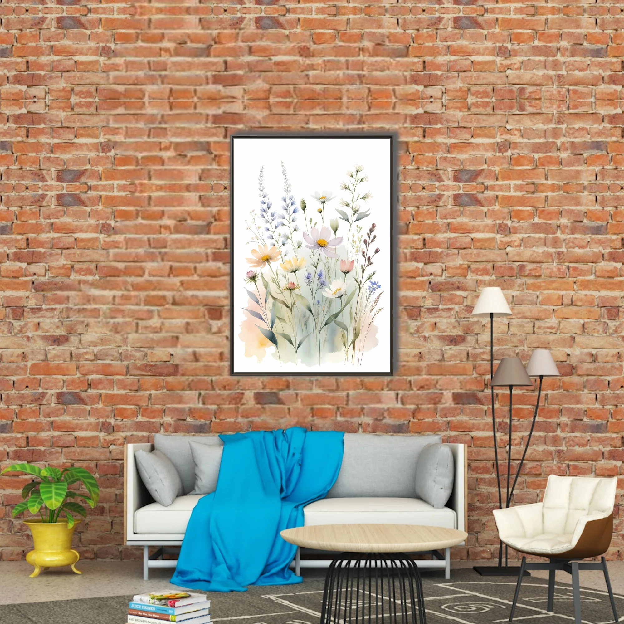 Watercolor-style wildflower meadow illustration in soft pastel tones, airy botanical print