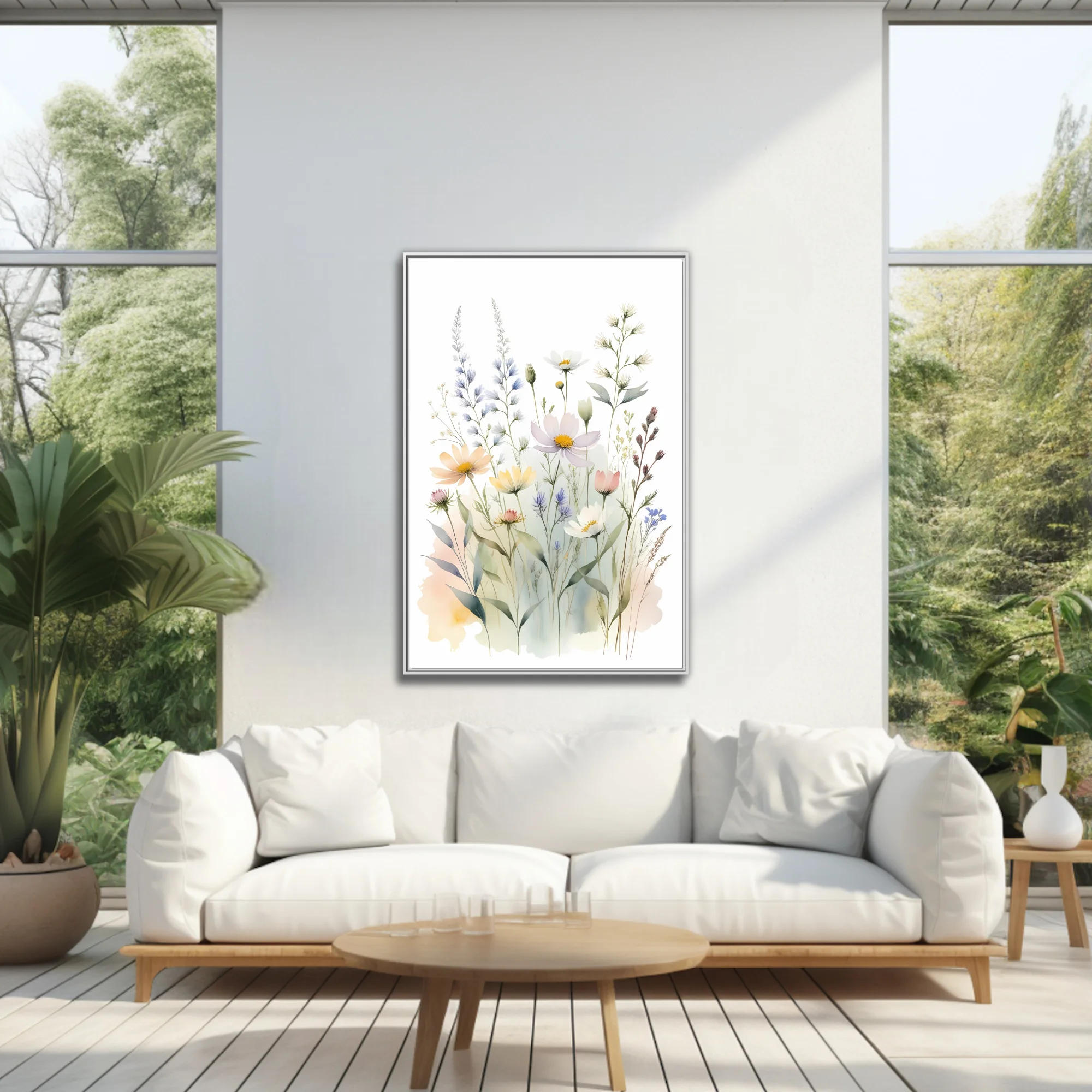 Watercolor-style wildflower meadow illustration in soft pastel tones, airy botanical print