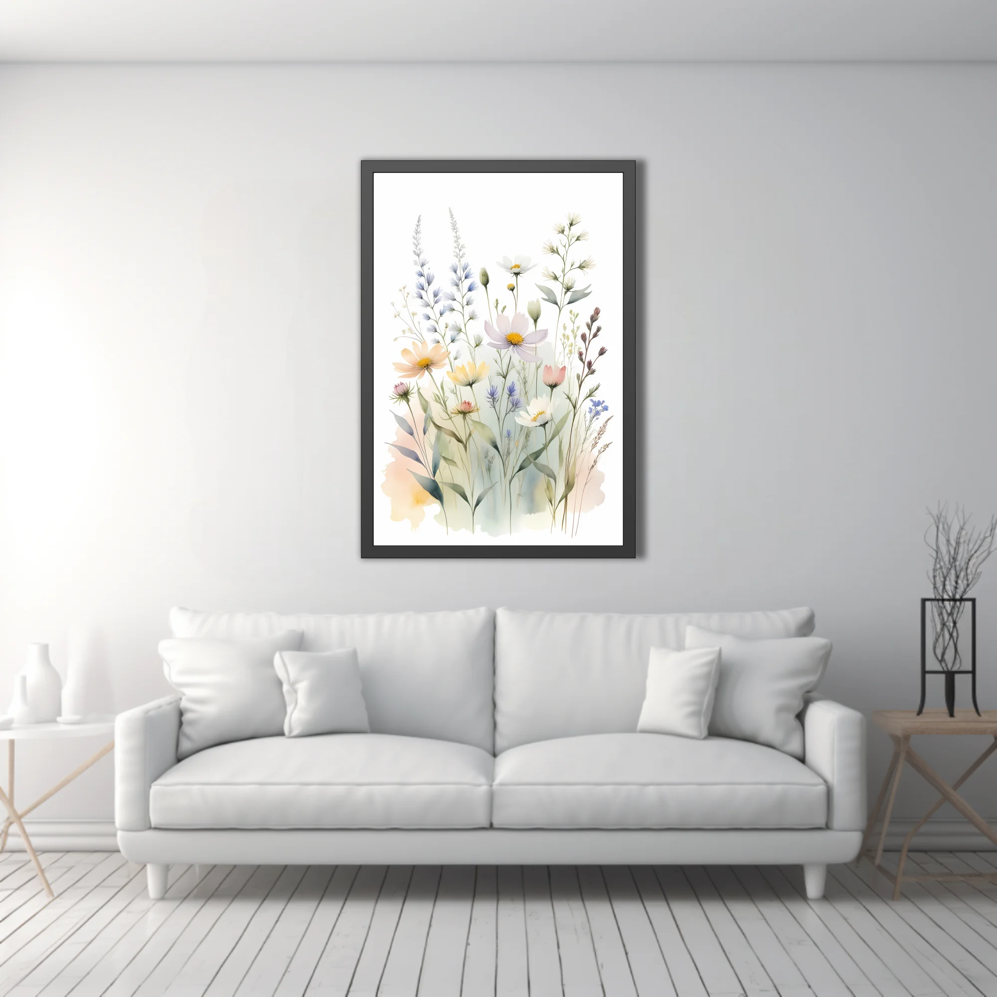 Watercolor-style wildflower meadow illustration in soft pastel tones, airy botanical print